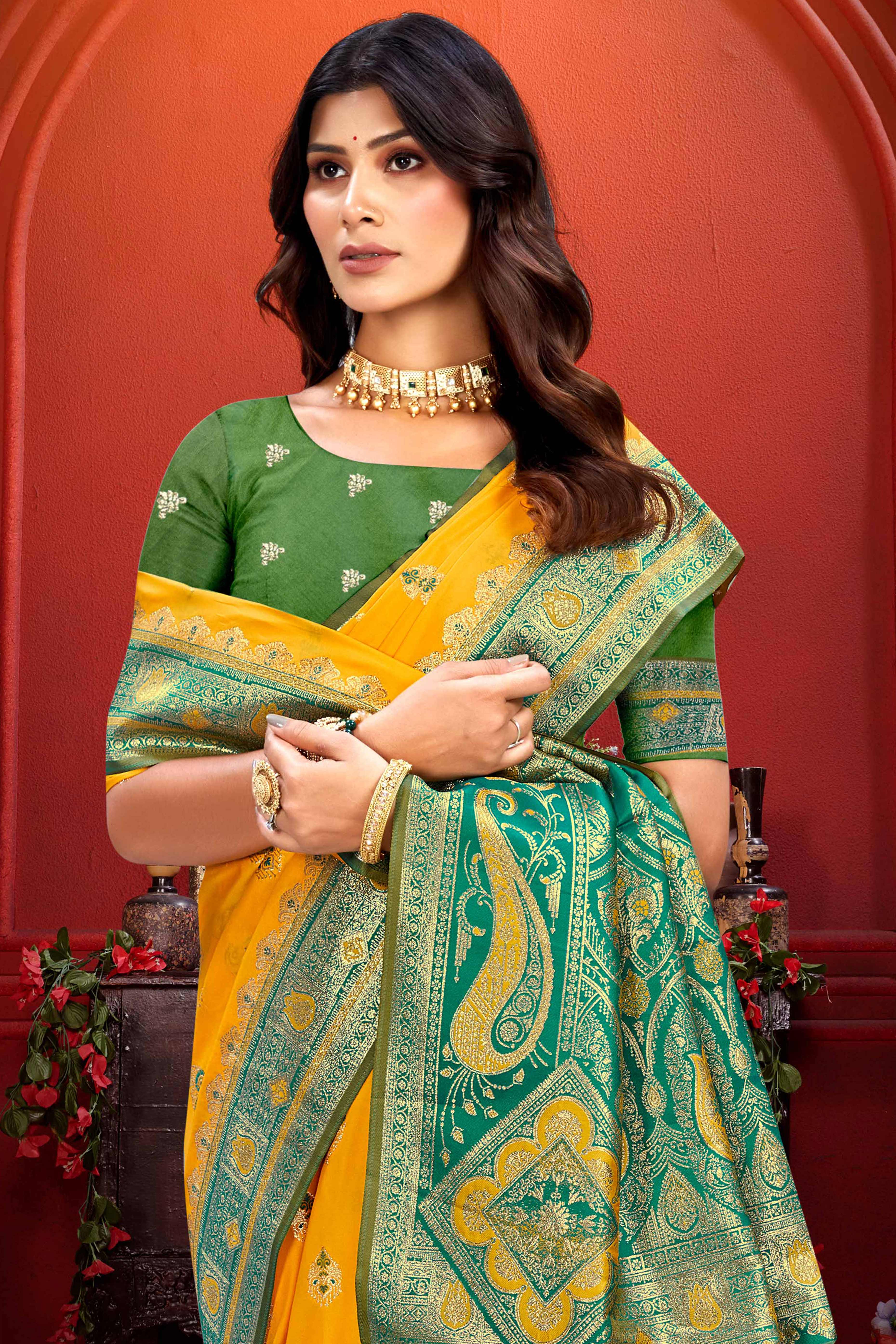 Designer Yellow Floral Zari Weaving Silk Blend Saree With Stylish Tassel Pallu