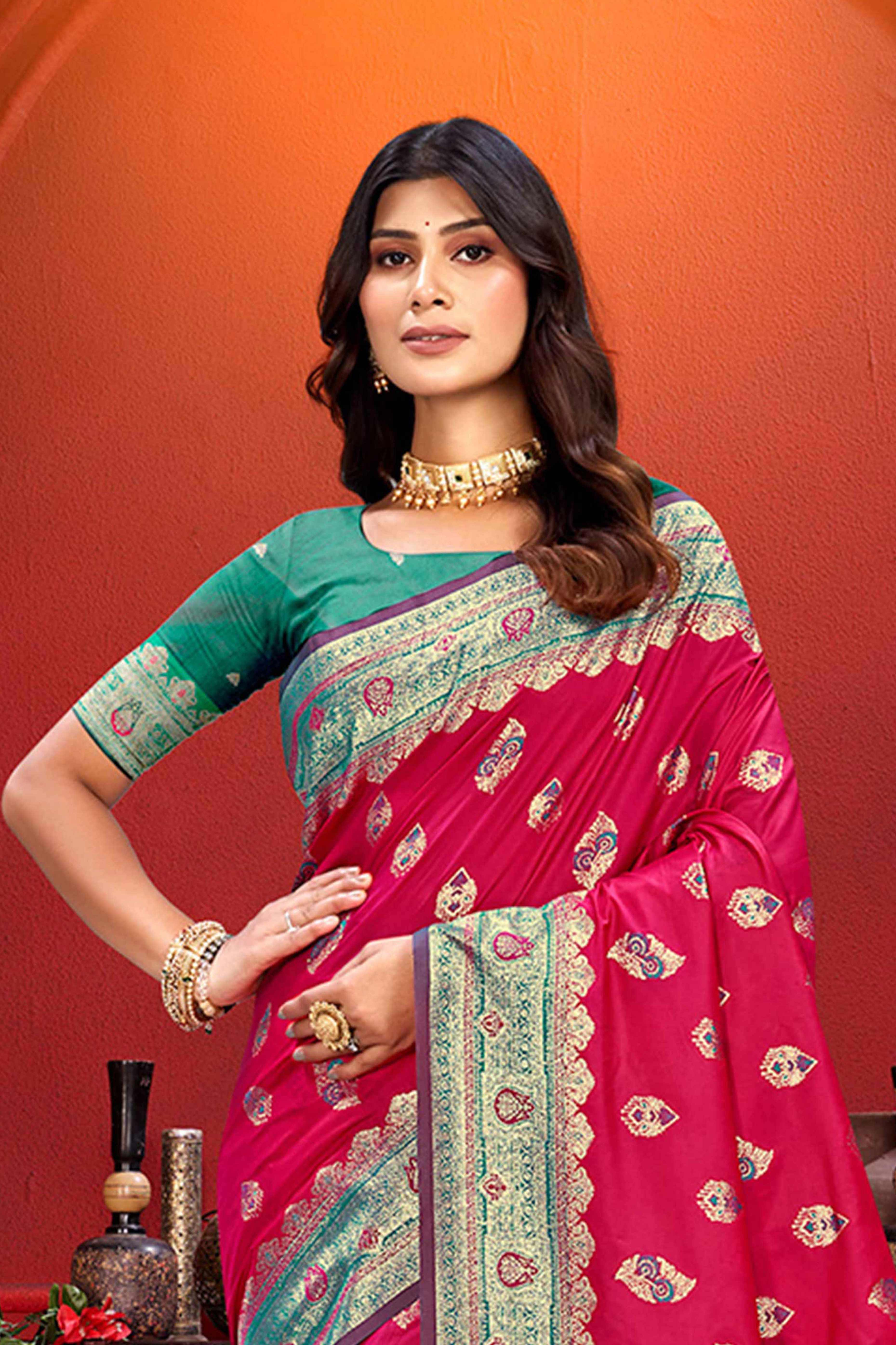 Designer Pink Floral Zari Weaving Silk Blend Saree With Stylish Tassel Pallu