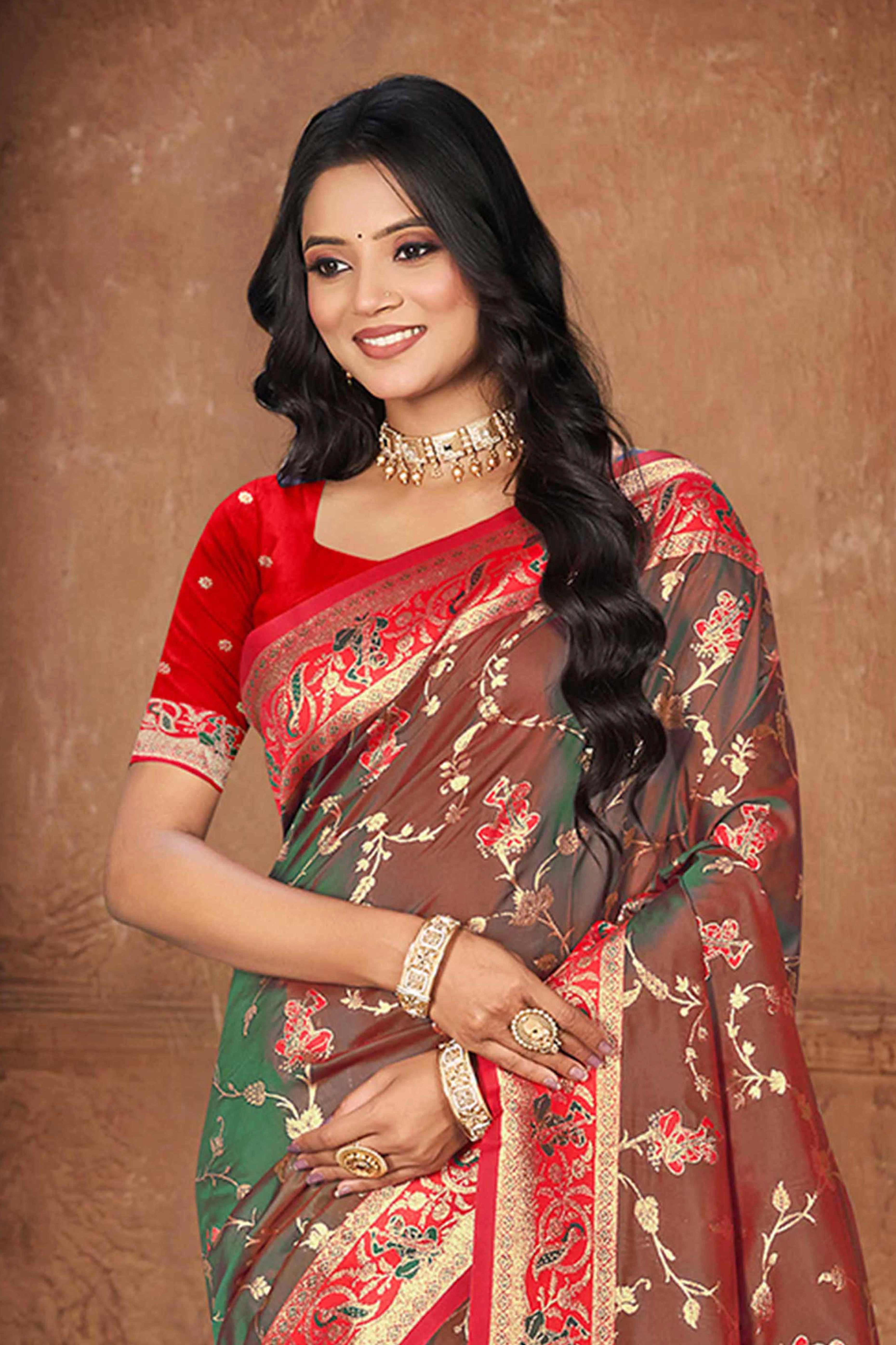 Radiant Brown Floral Zari Weaving Silk Blend Saree With Tassel Pallu