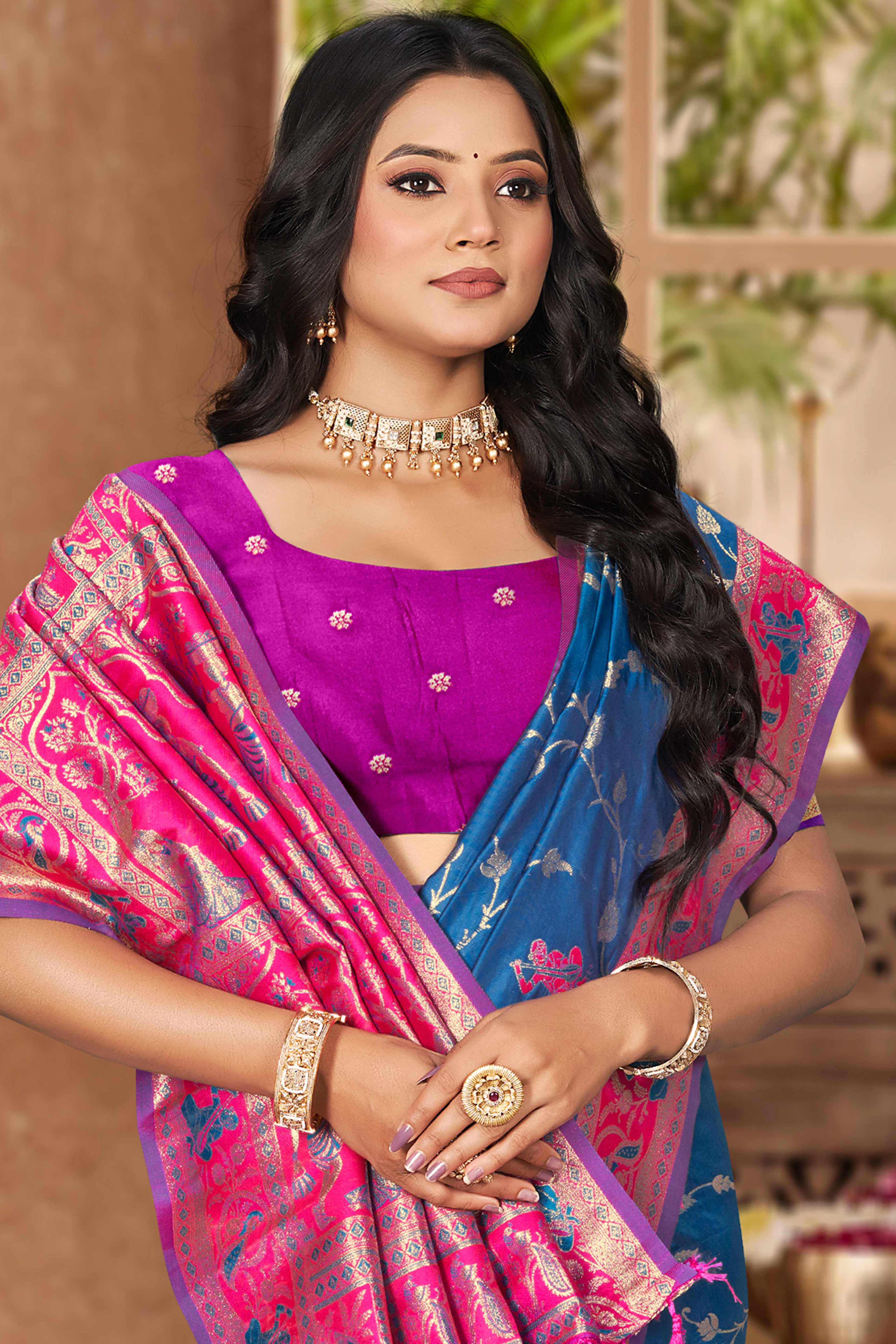 Radiant Blue Floral Zari Weaving Silk Blend Saree With Tassel Pallu