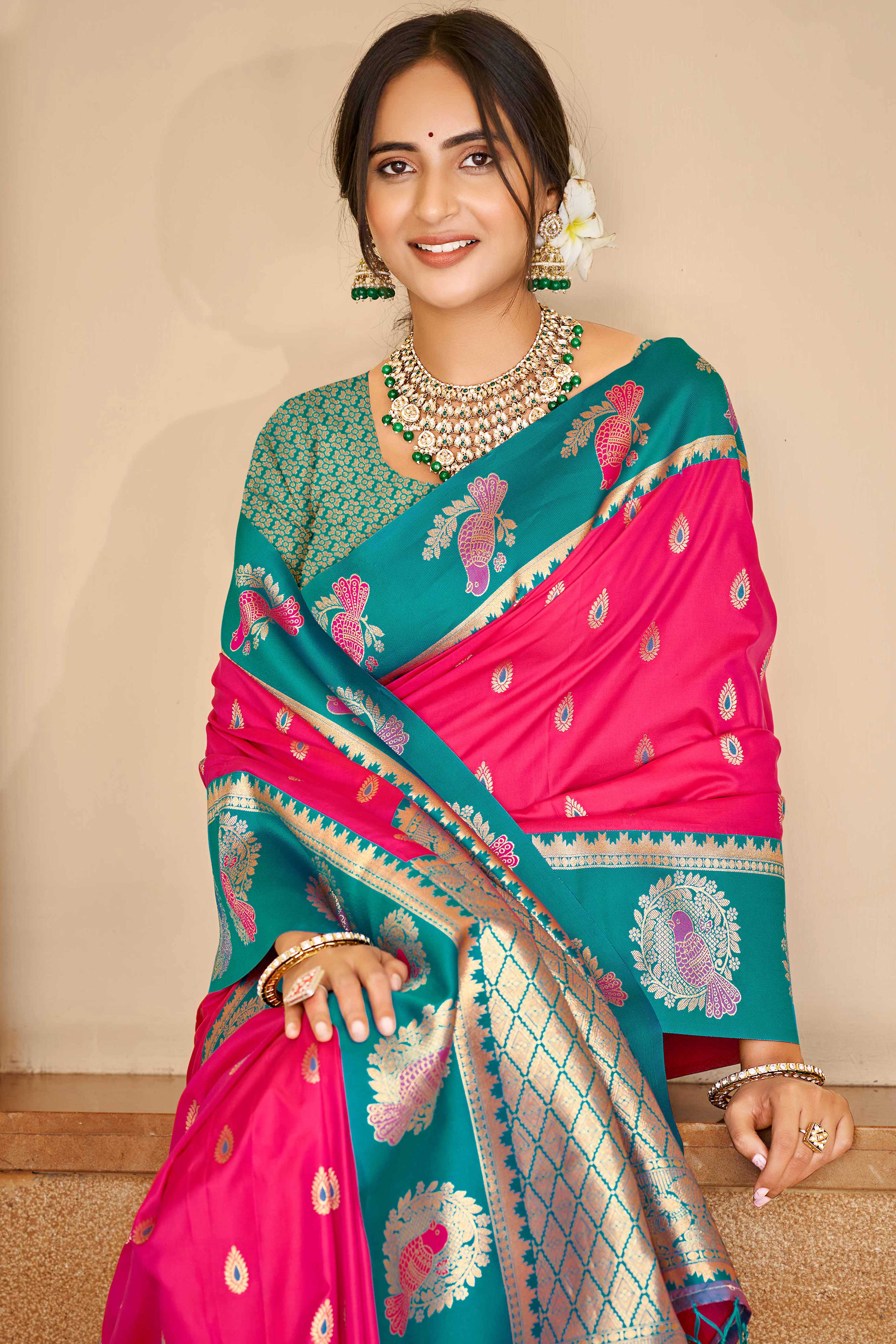 Stunning Rani Pink Floral Weaving Silk Blend Saree With Birds Design Border & Tassel Pallu