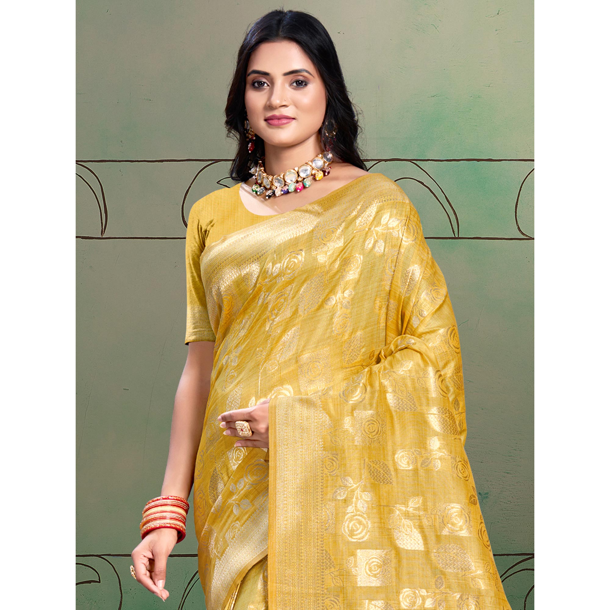 Yellow Floral Woven Cotton Silk Saree With Tassels