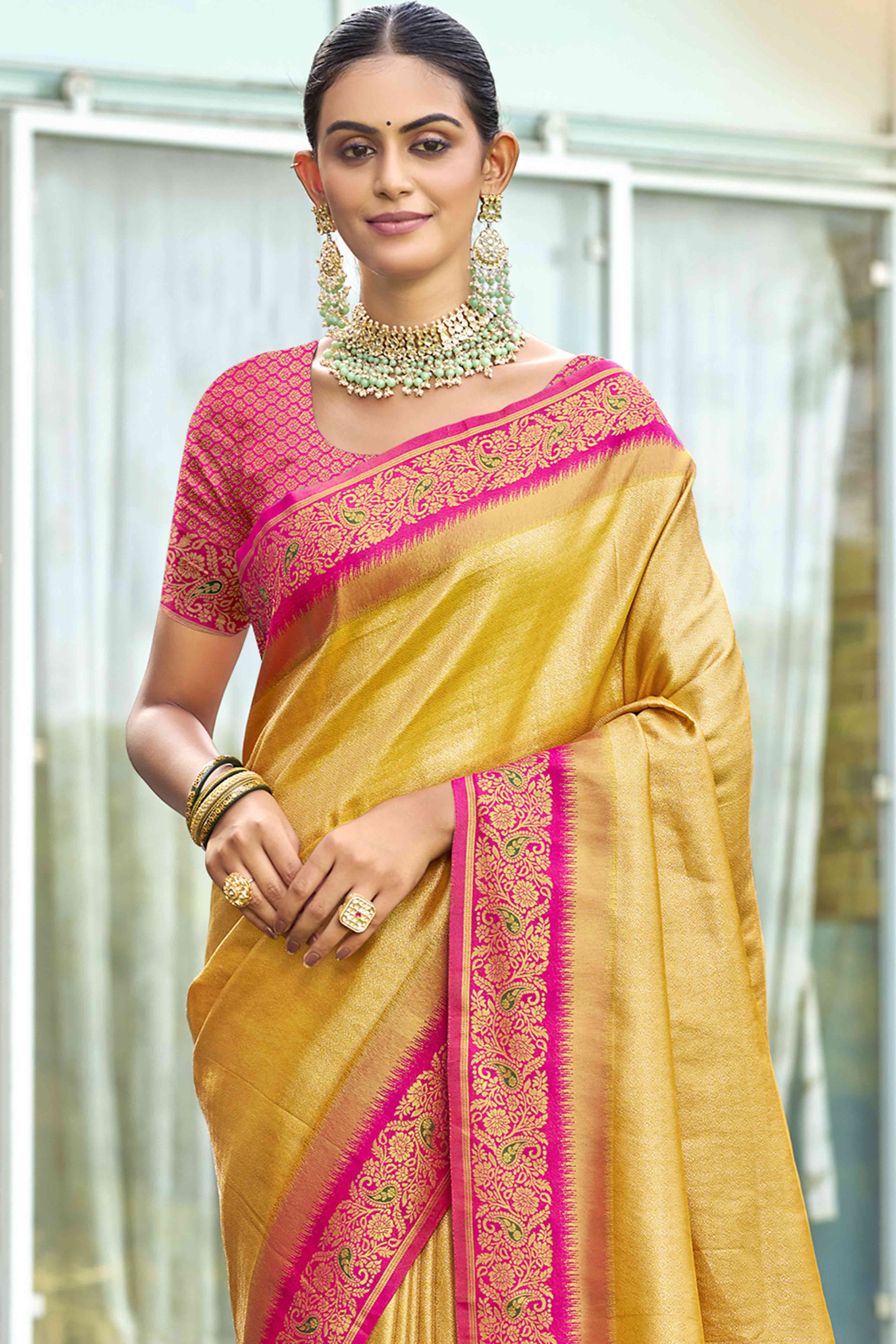 Mustard Zari Weaving Organza Saree