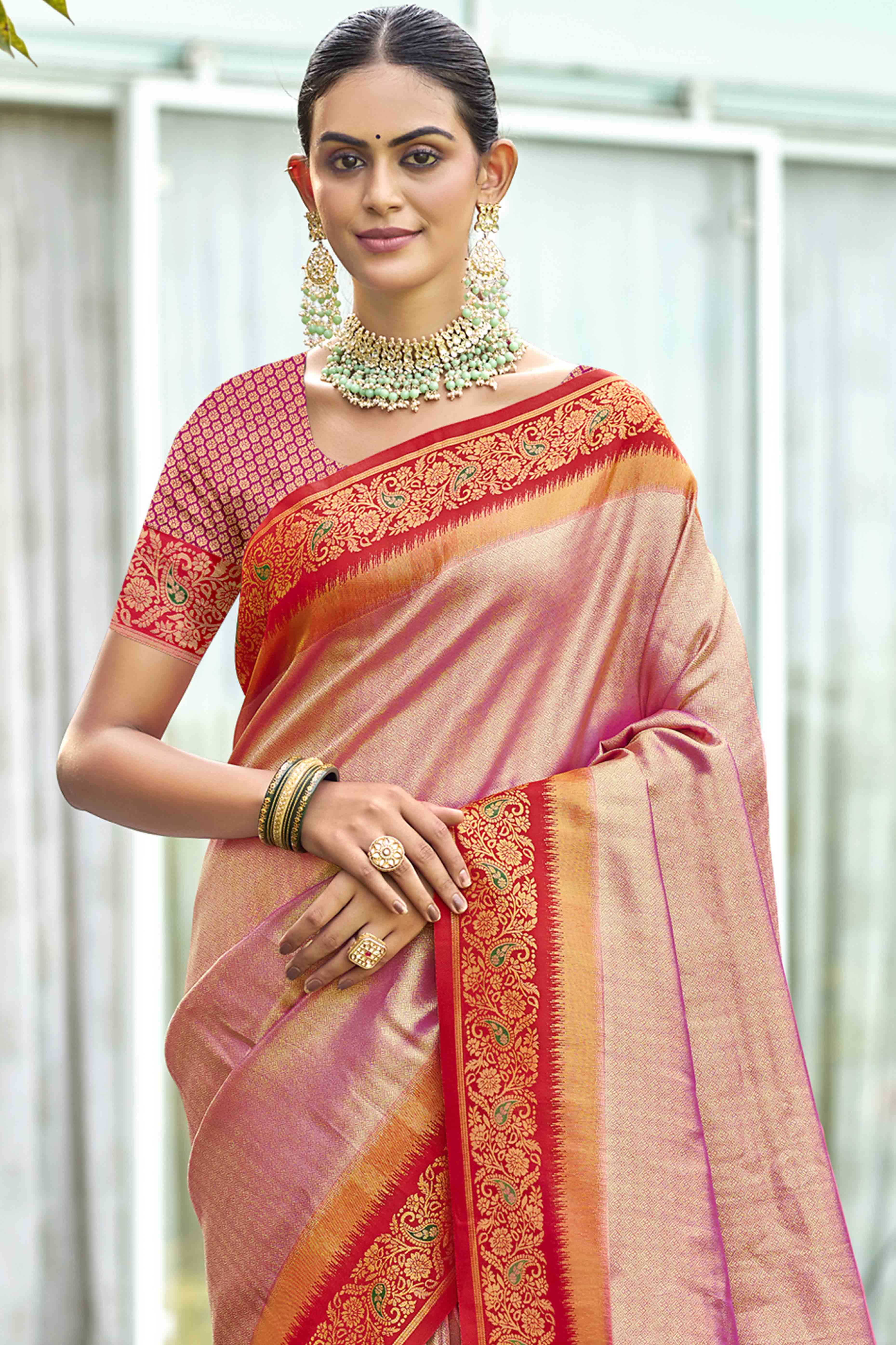 Pink Zari Weaving Organza Saree