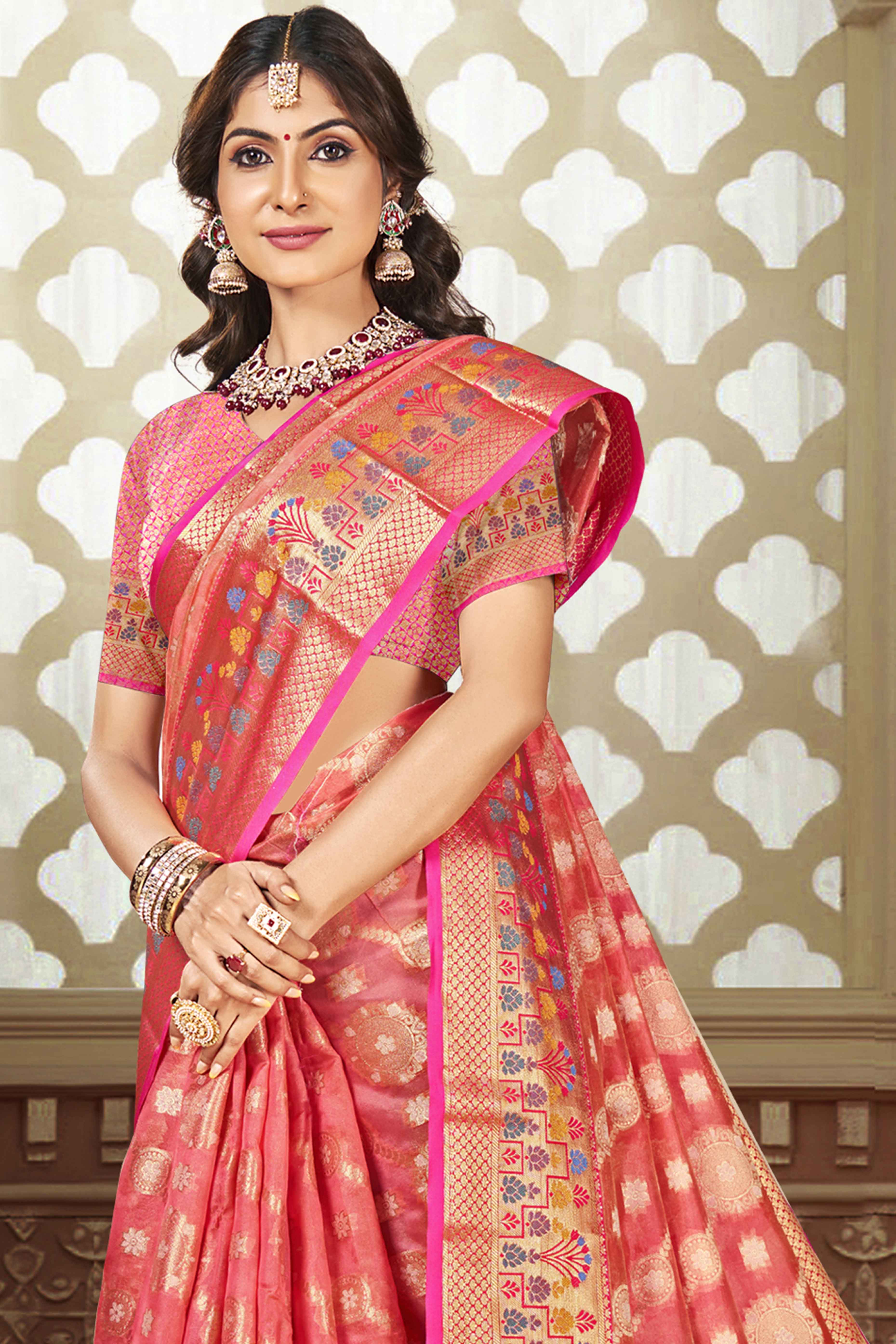 Pink Floral Woven Banarasi Silk Saree With Tassels