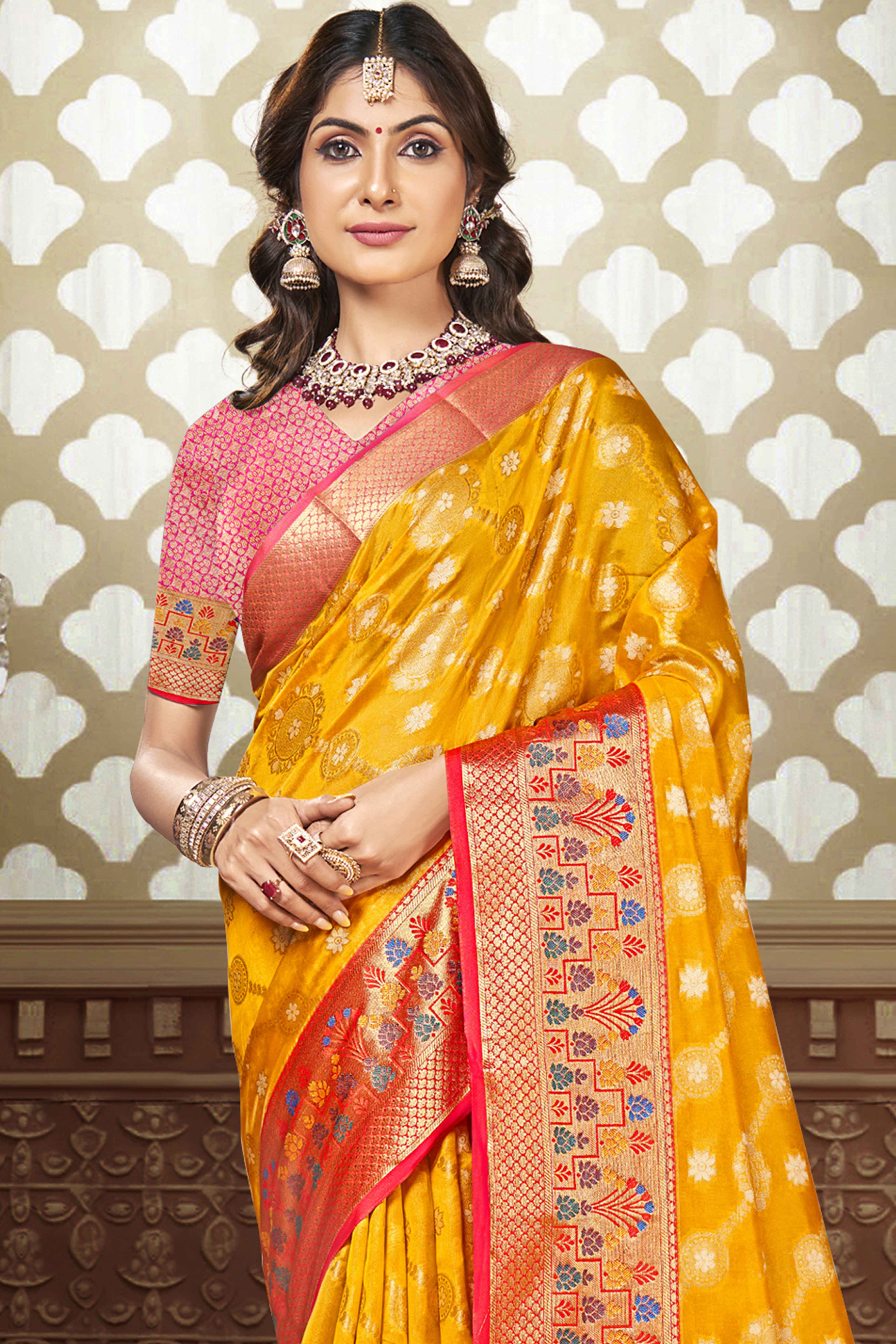 Yellow Floral Woven Banarasi Silk Saree With Tassels