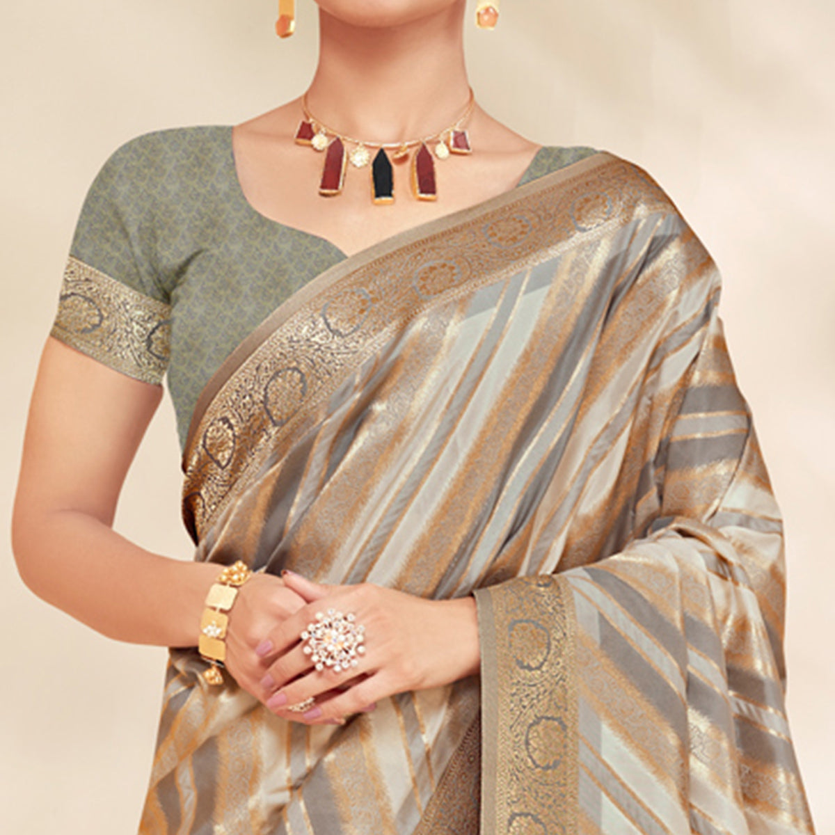 Grey Woven Cotton Silk Saree With Tassels