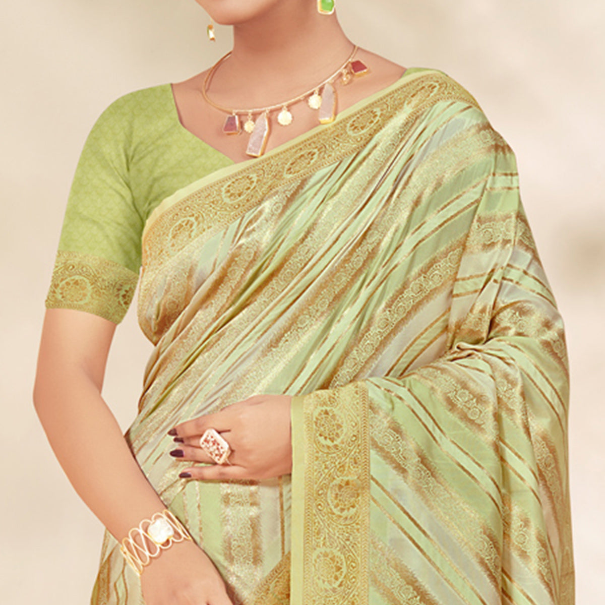 Light Green Woven Cotton Silk Saree With Tassels