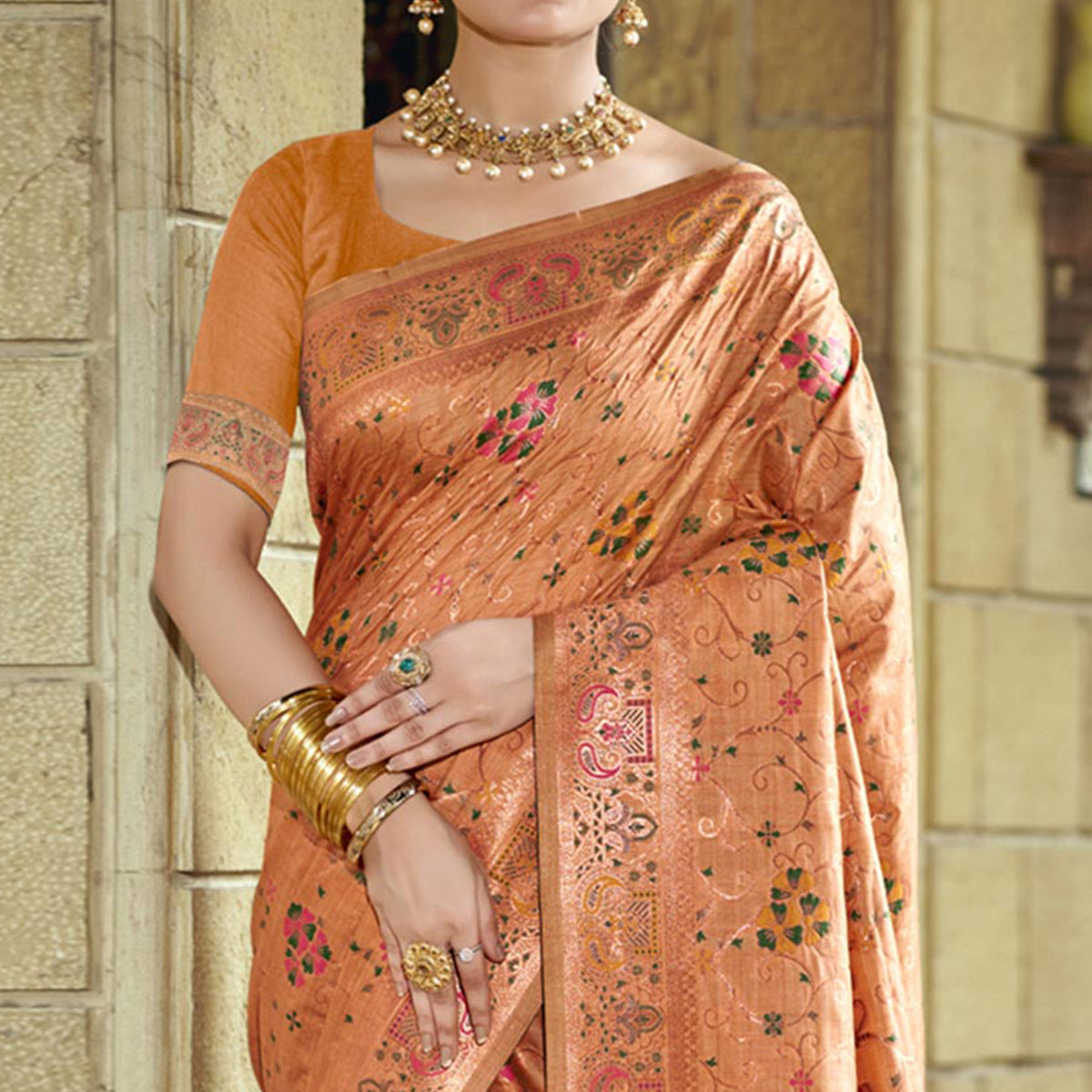 Peach Floral Zari Woven Cotton Silk Saree