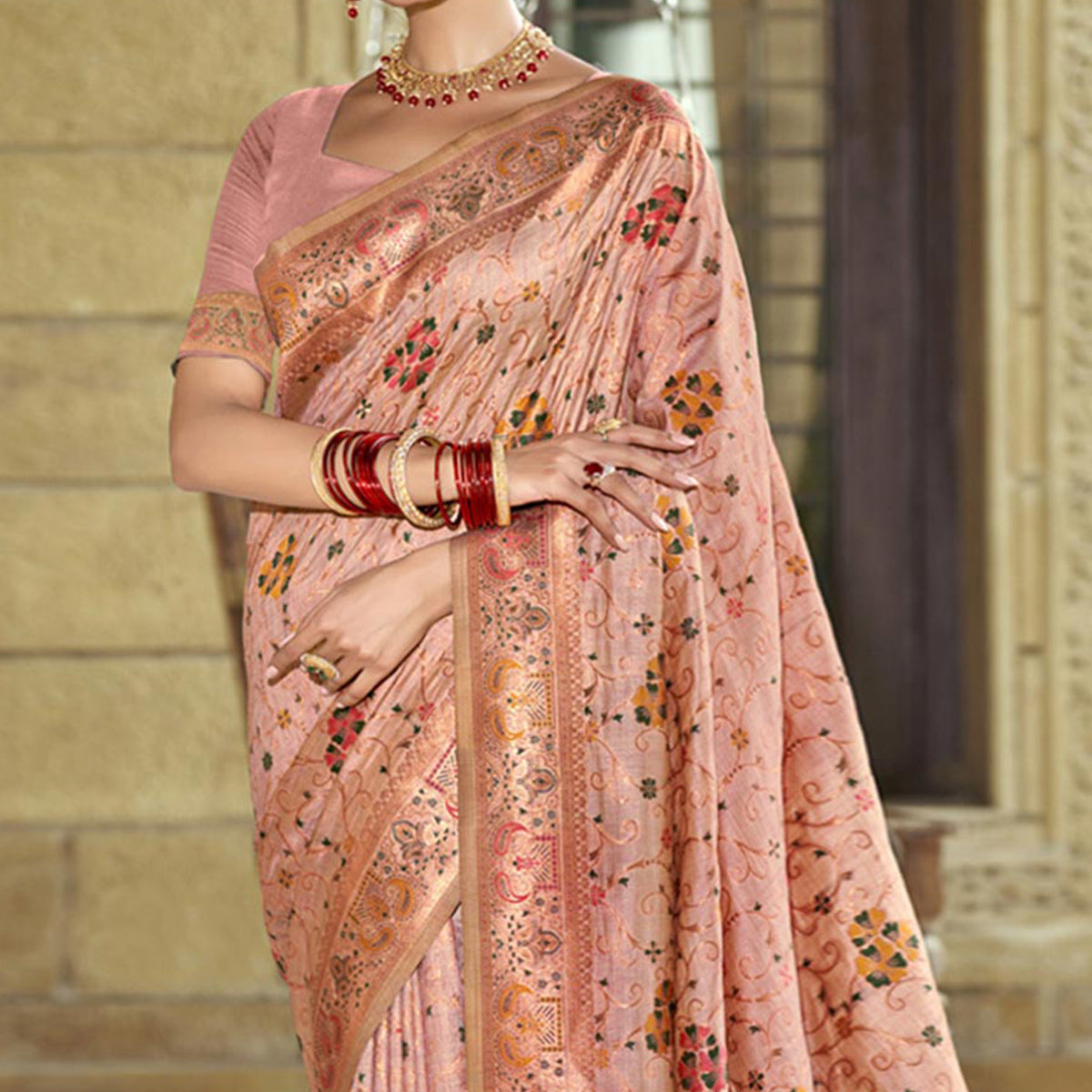 Light Pink Floral Zari Woven Cotton Silk Saree