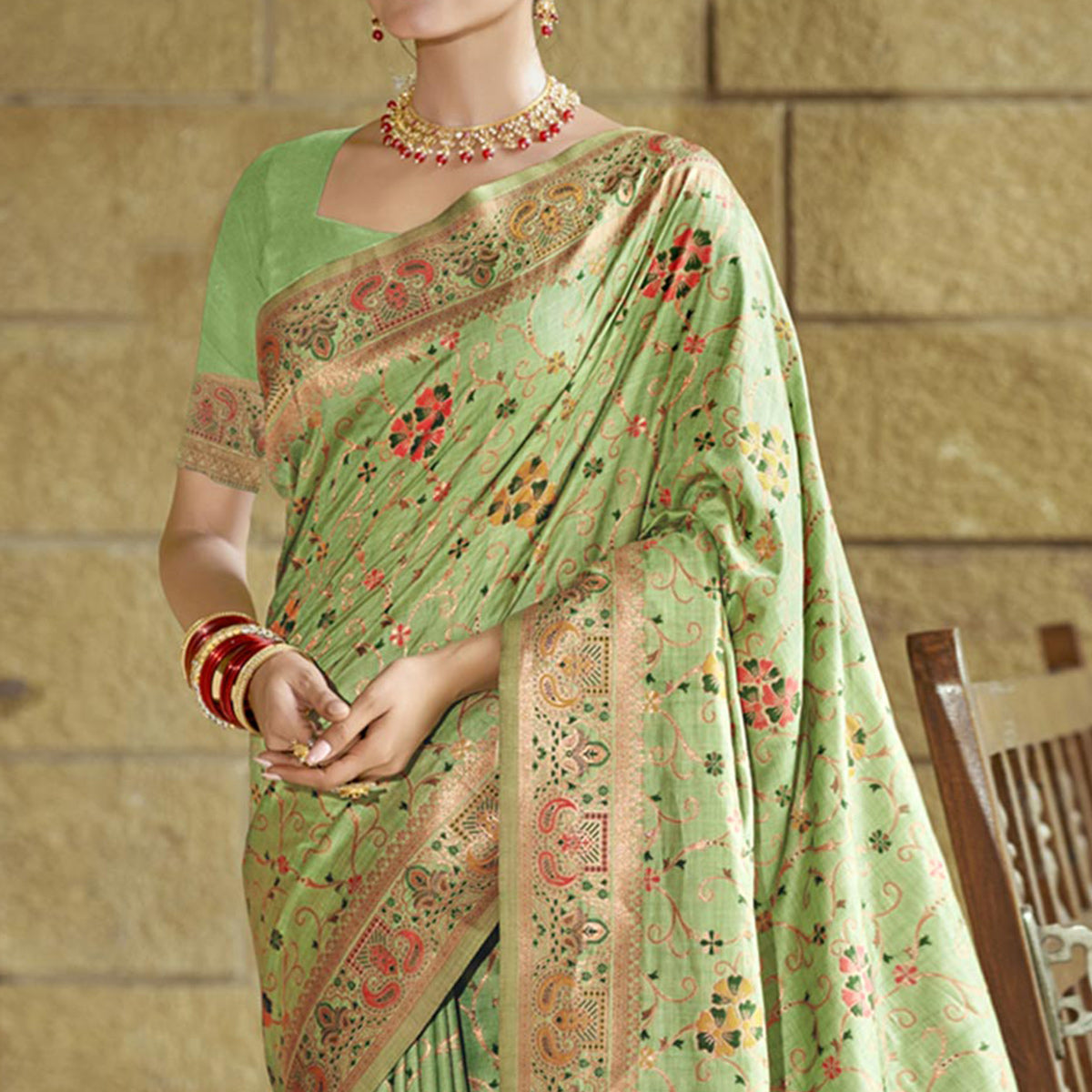 Green Floral Zari Woven Cotton Silk Saree