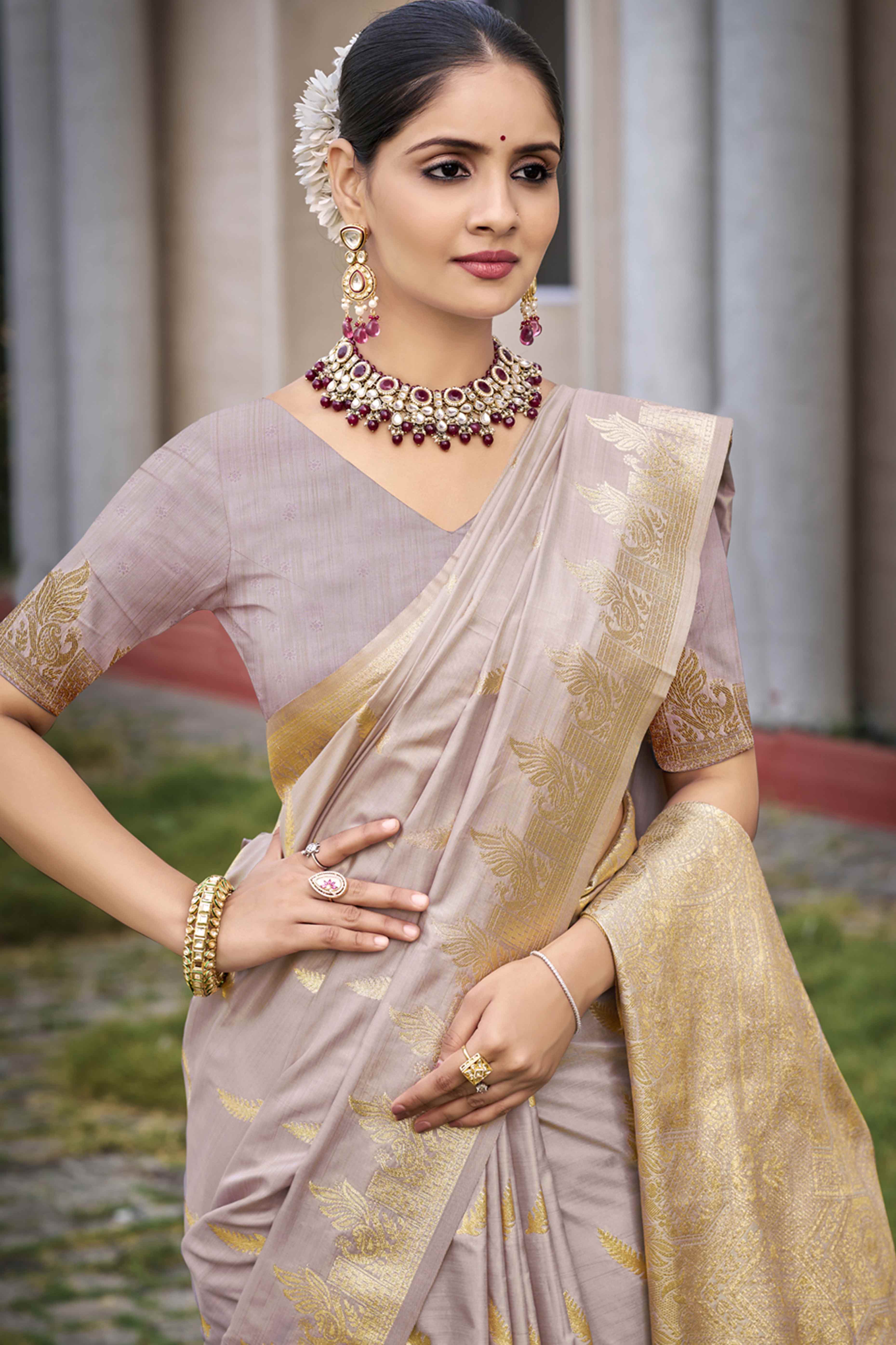Light Taupe Banarasi Silk Saree With Delicate Floral Zari Weaving