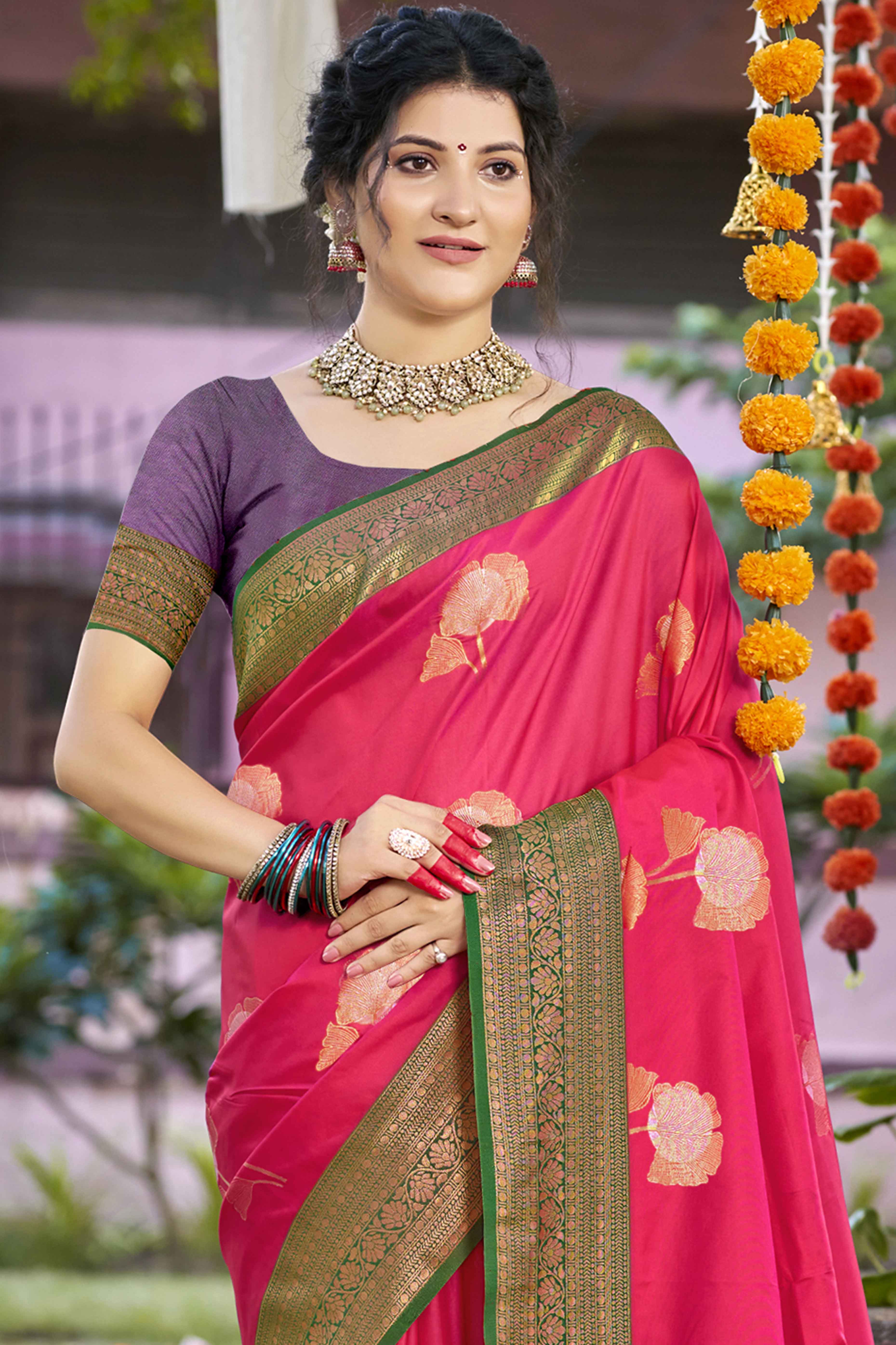 Rani Pink Floral Woven Banarasi Silk Saree With Tassels