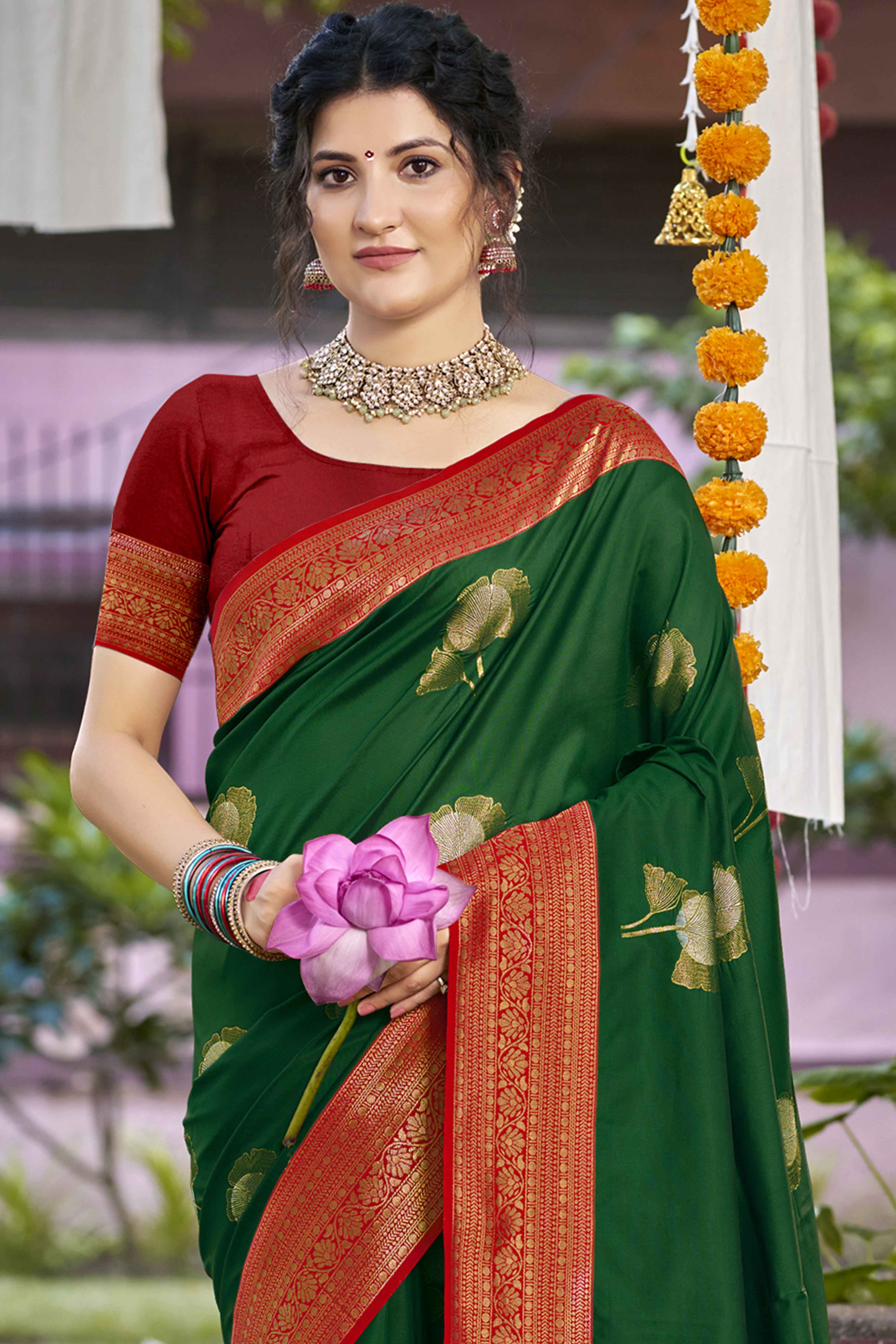 Green Floral Woven Banarasi Silk Saree With Tassels