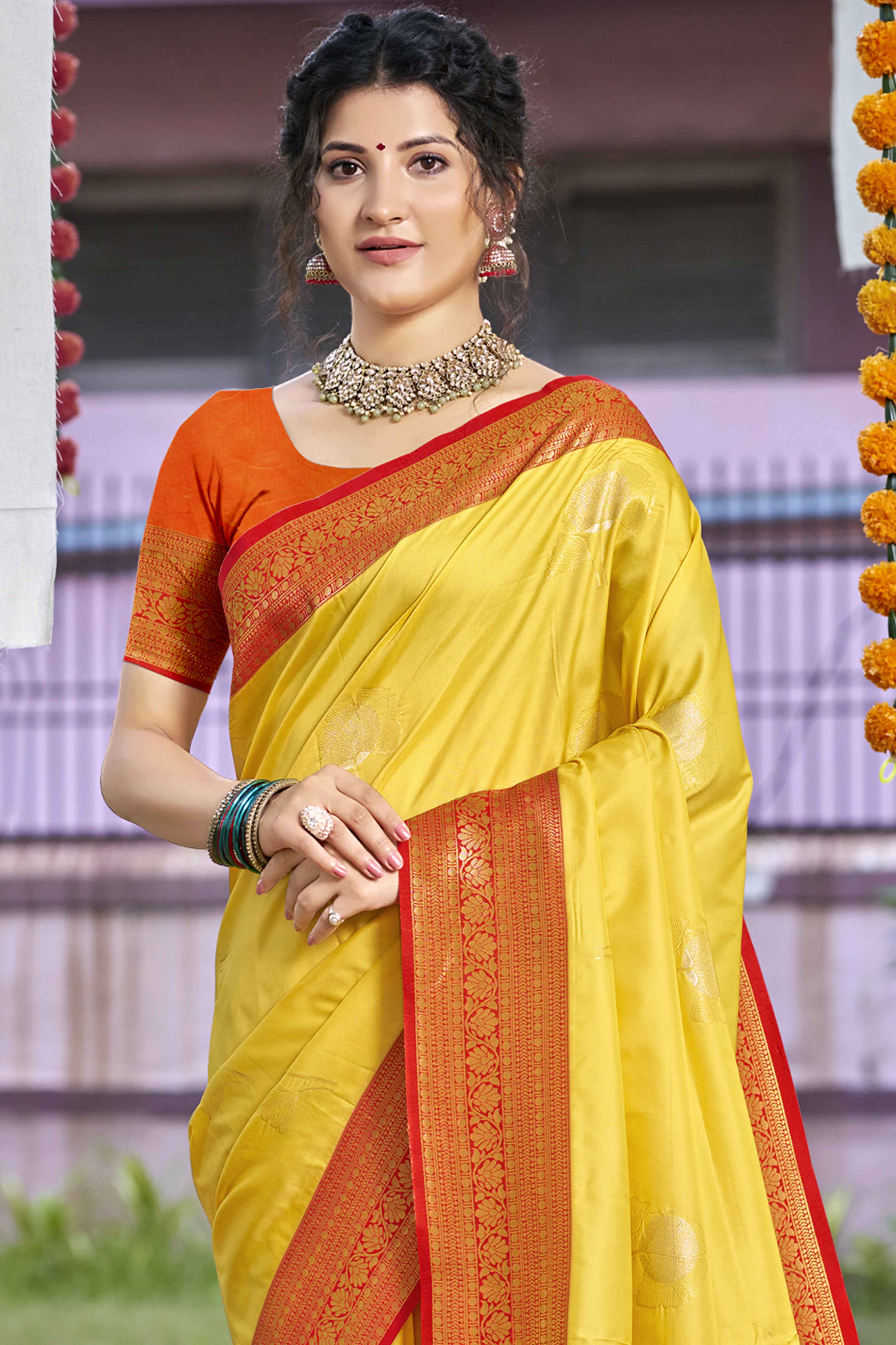 Yellow Floral Woven Banarasi Silk Saree With Tassels