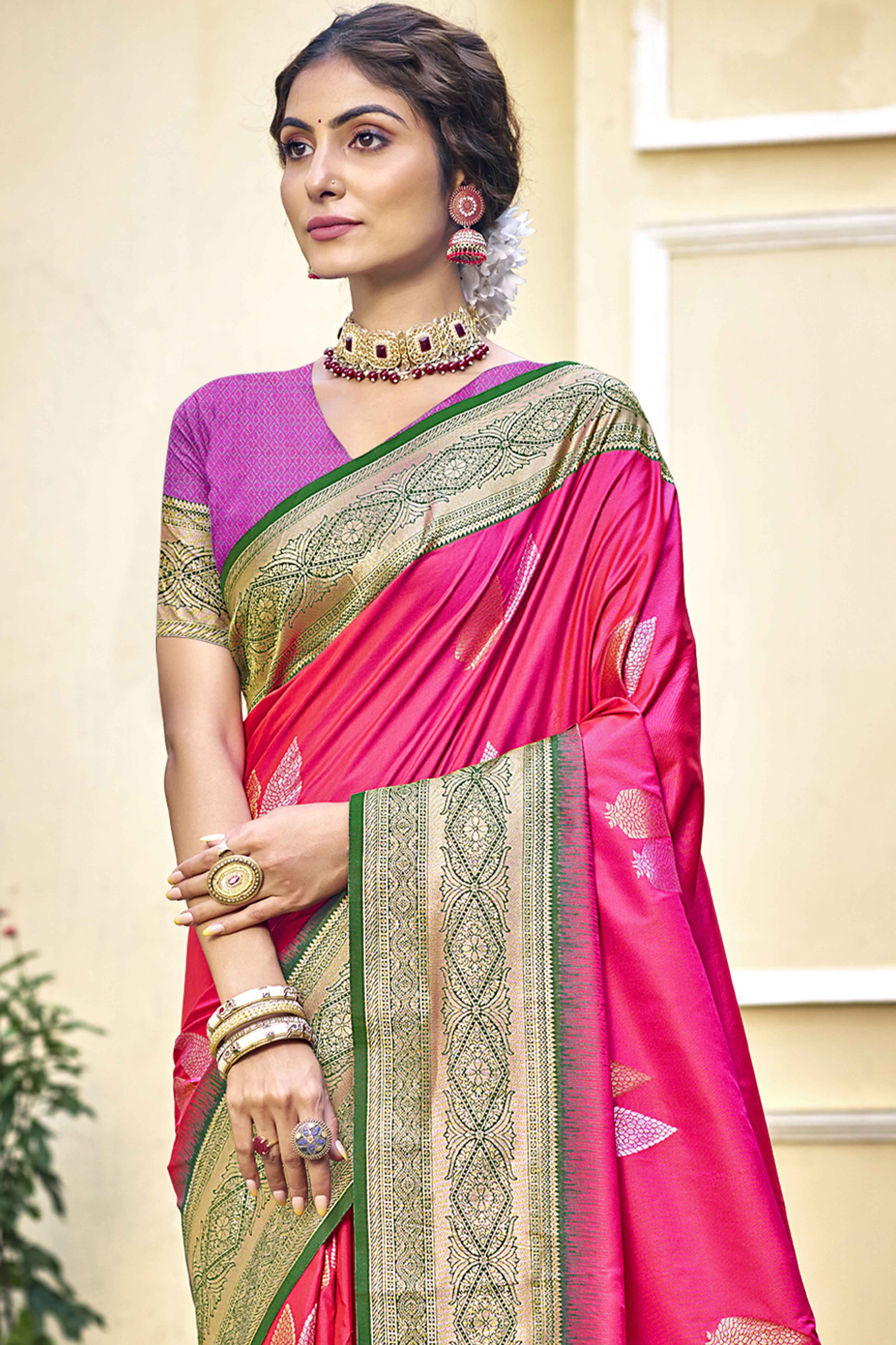 Rani Pink Woven Banarasi Silk Saree With Tassels