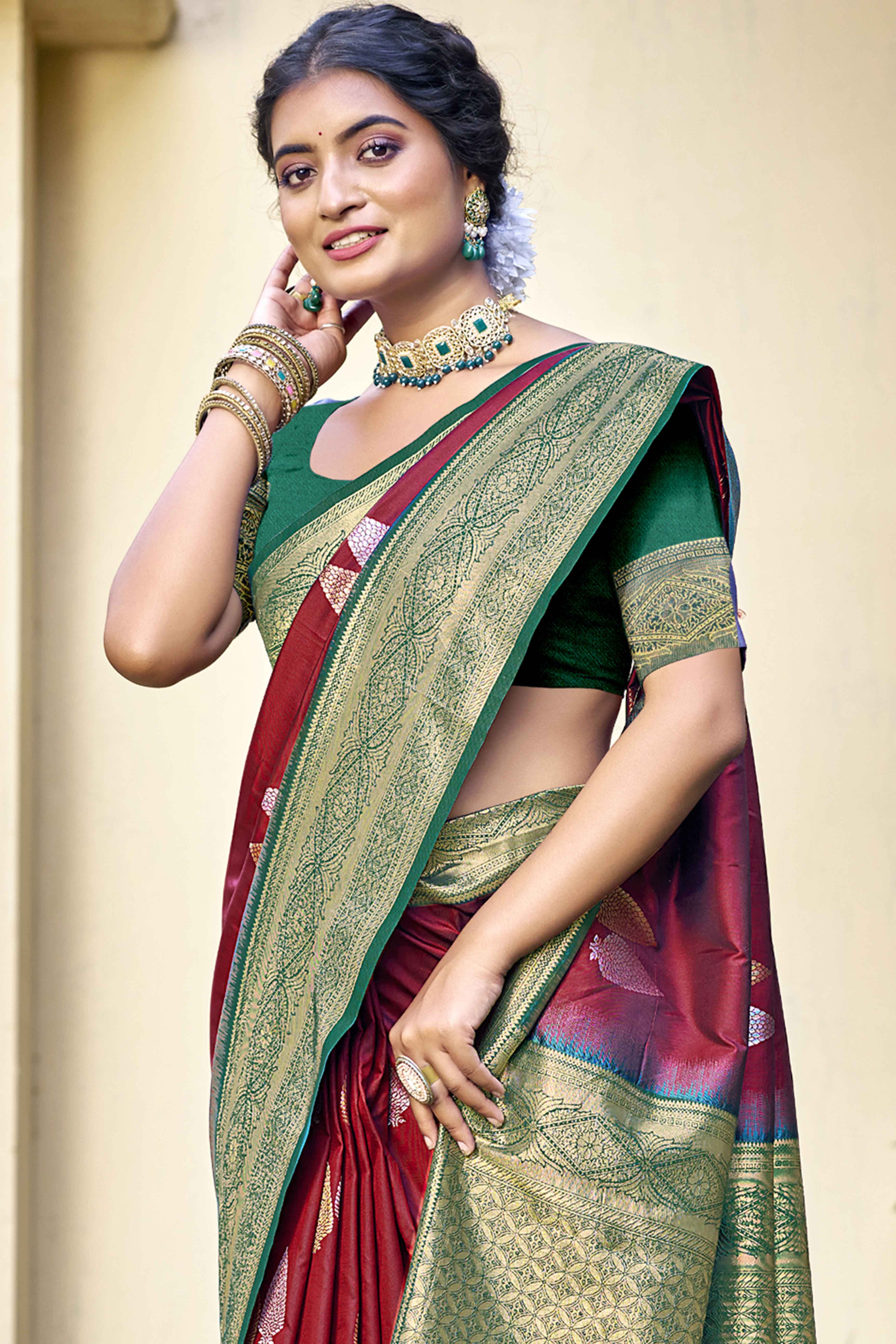 Maroon Woven Banarasi Silk Saree With Tassels
