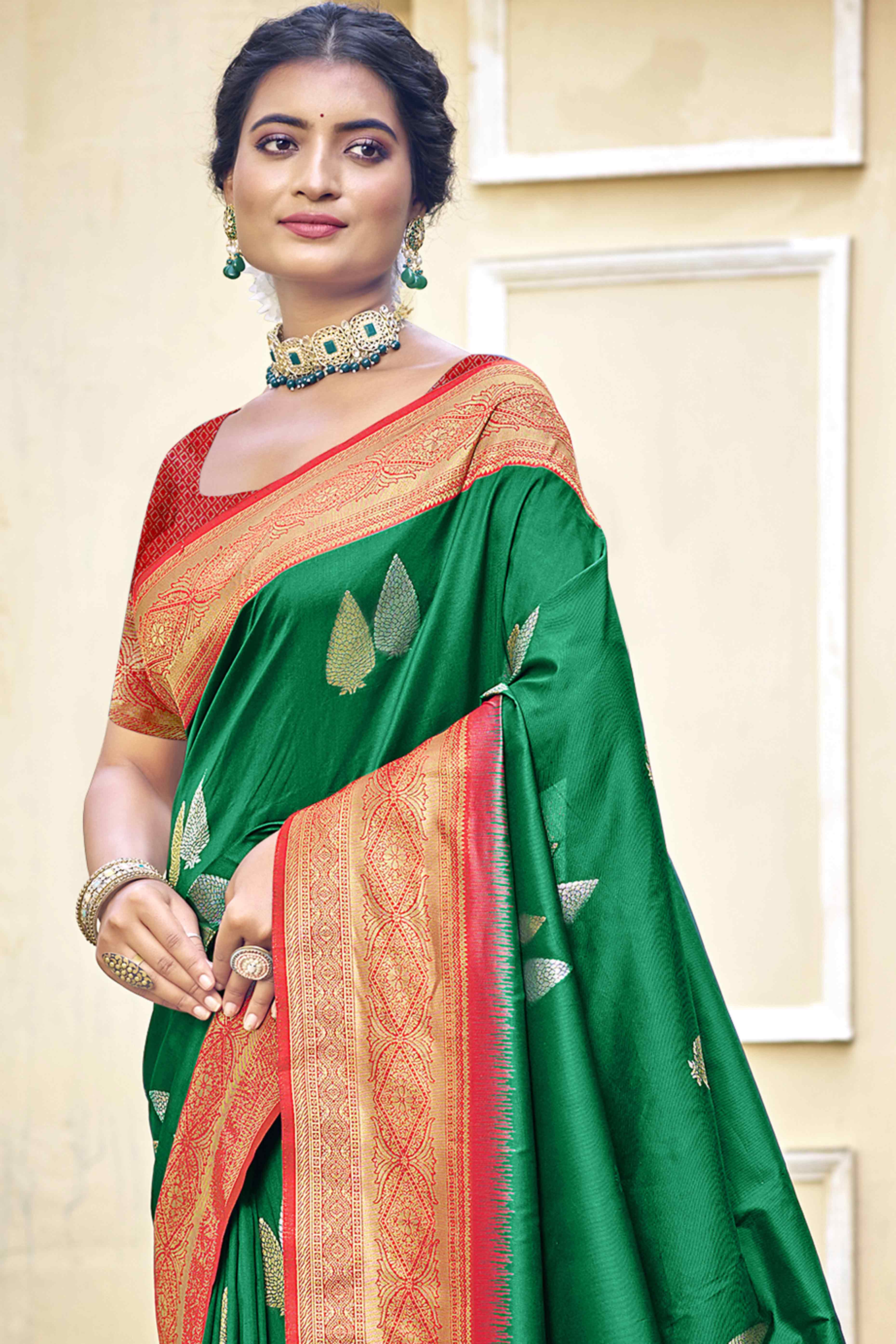 Green Woven Banarasi Silk Saree With Tassels