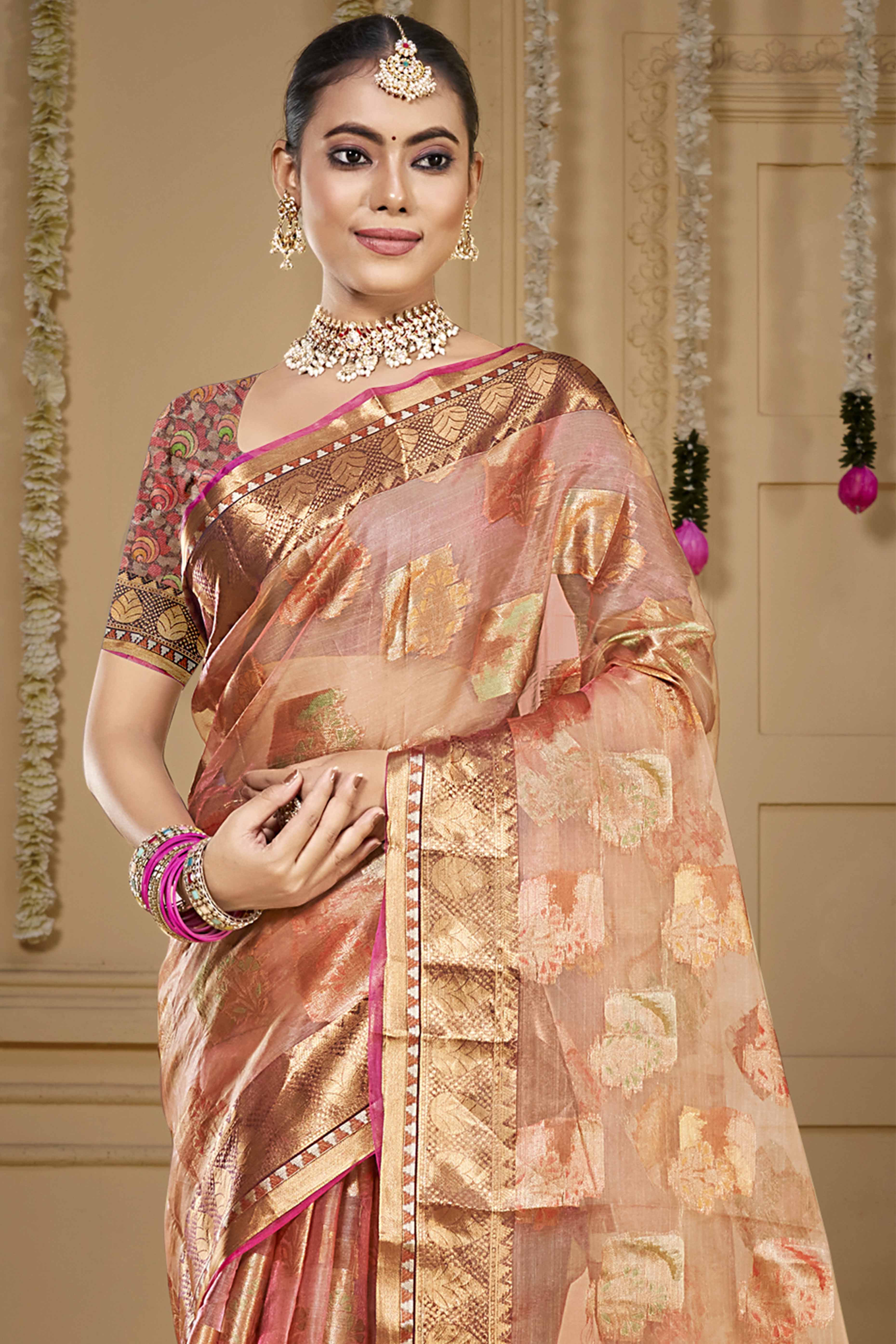 Peach Floral Woven Organza Saree With Tassels