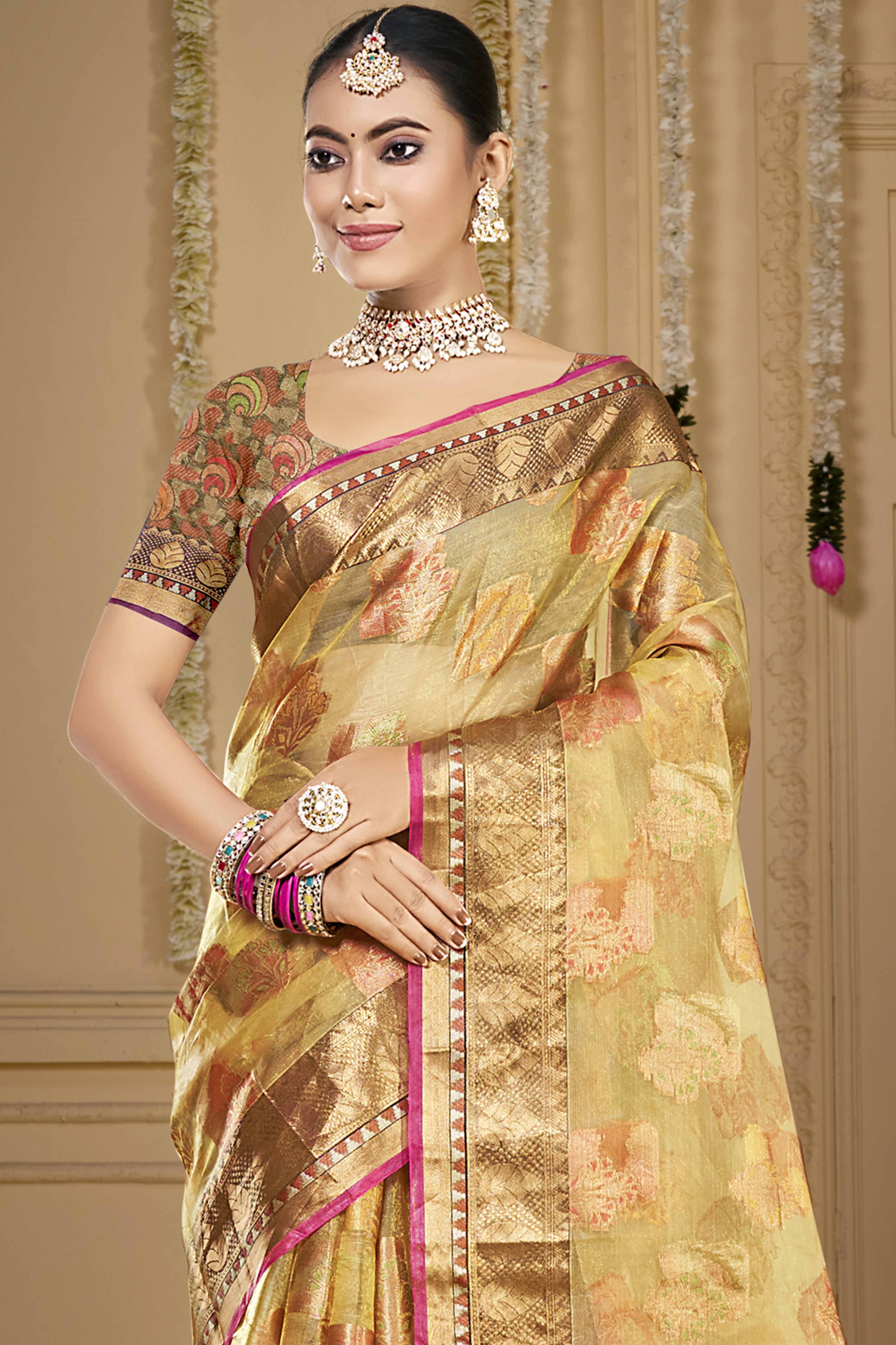 Yellow Floral Woven Organza Saree With Tassels