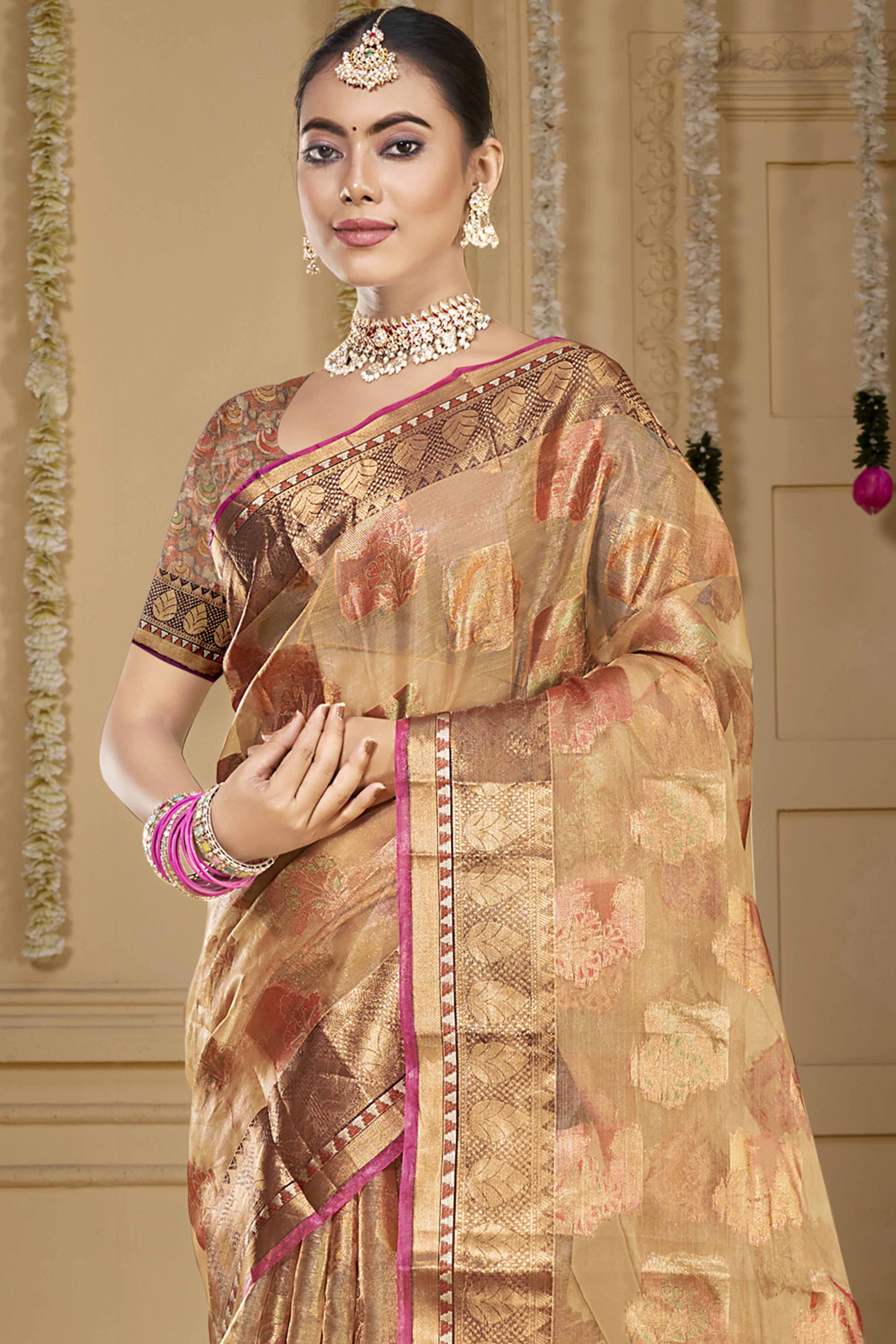 Beige Floral Woven Organza Saree With Tassels