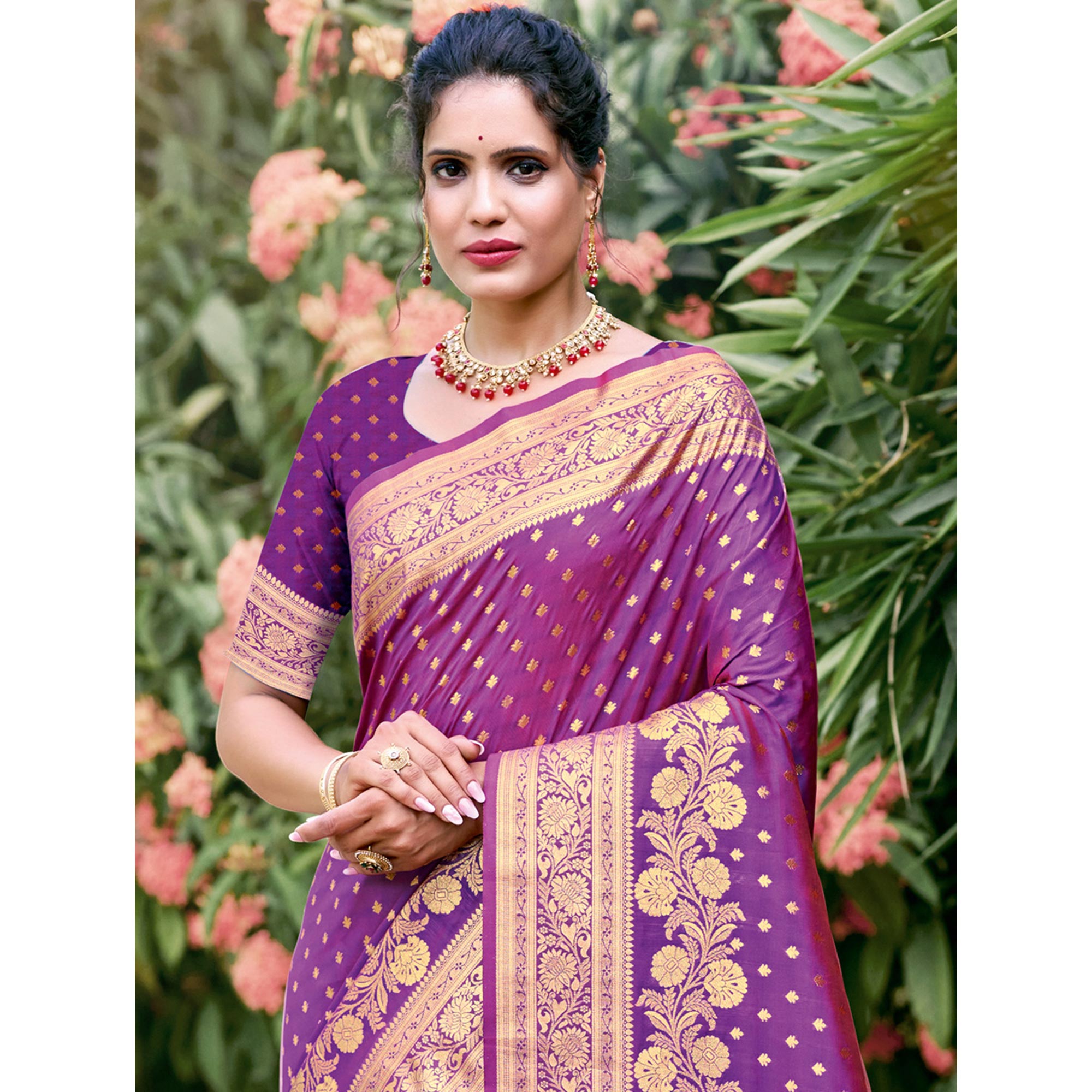 Purple Floral Woven Banarasi Silk Saree With Tassels