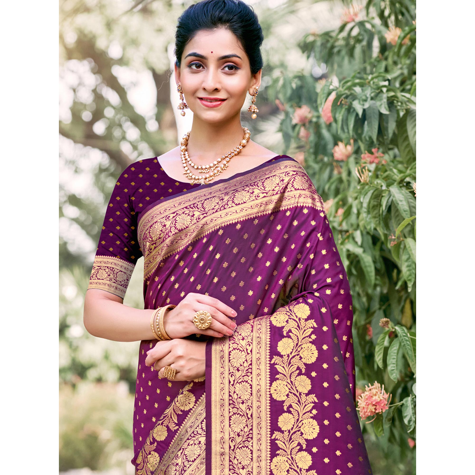 Purple Floral Woven Banarasi Silk Saree With Tassels