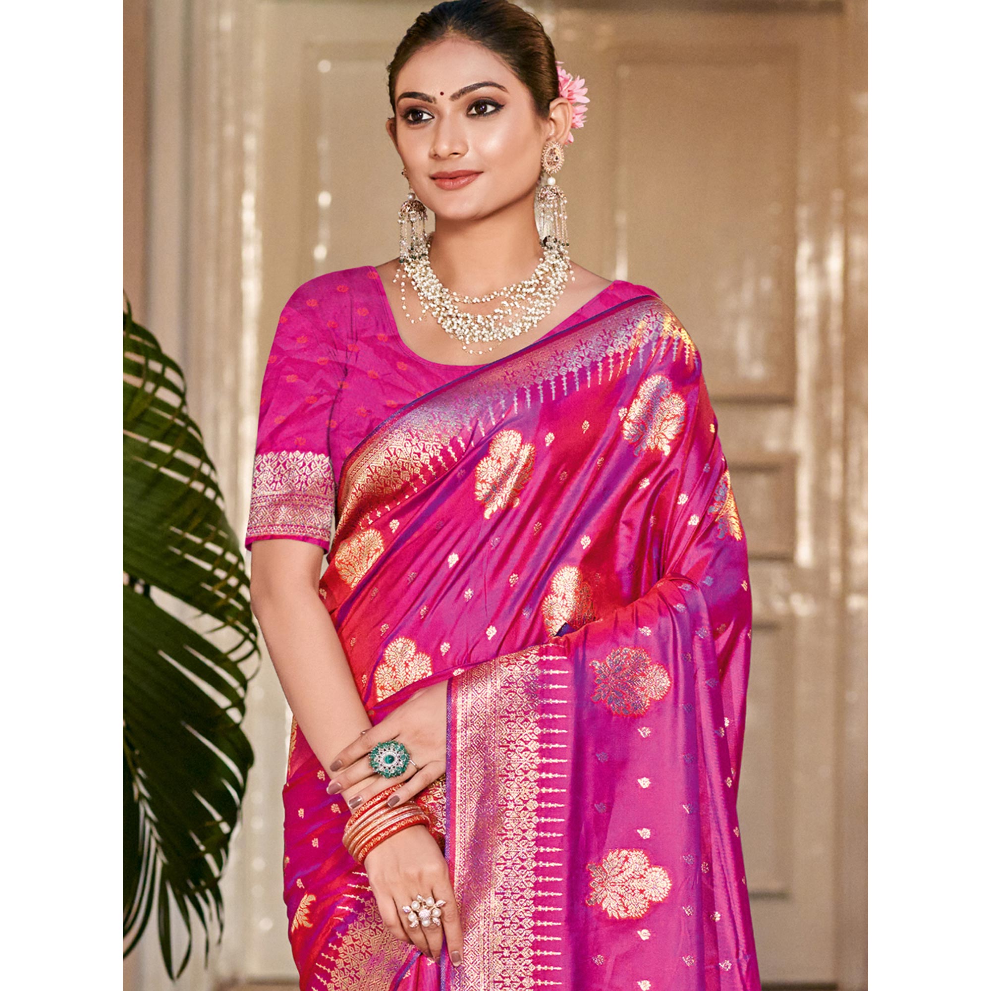 Rani Pink Floral Woven Banarasi Silk Saree With Tassels