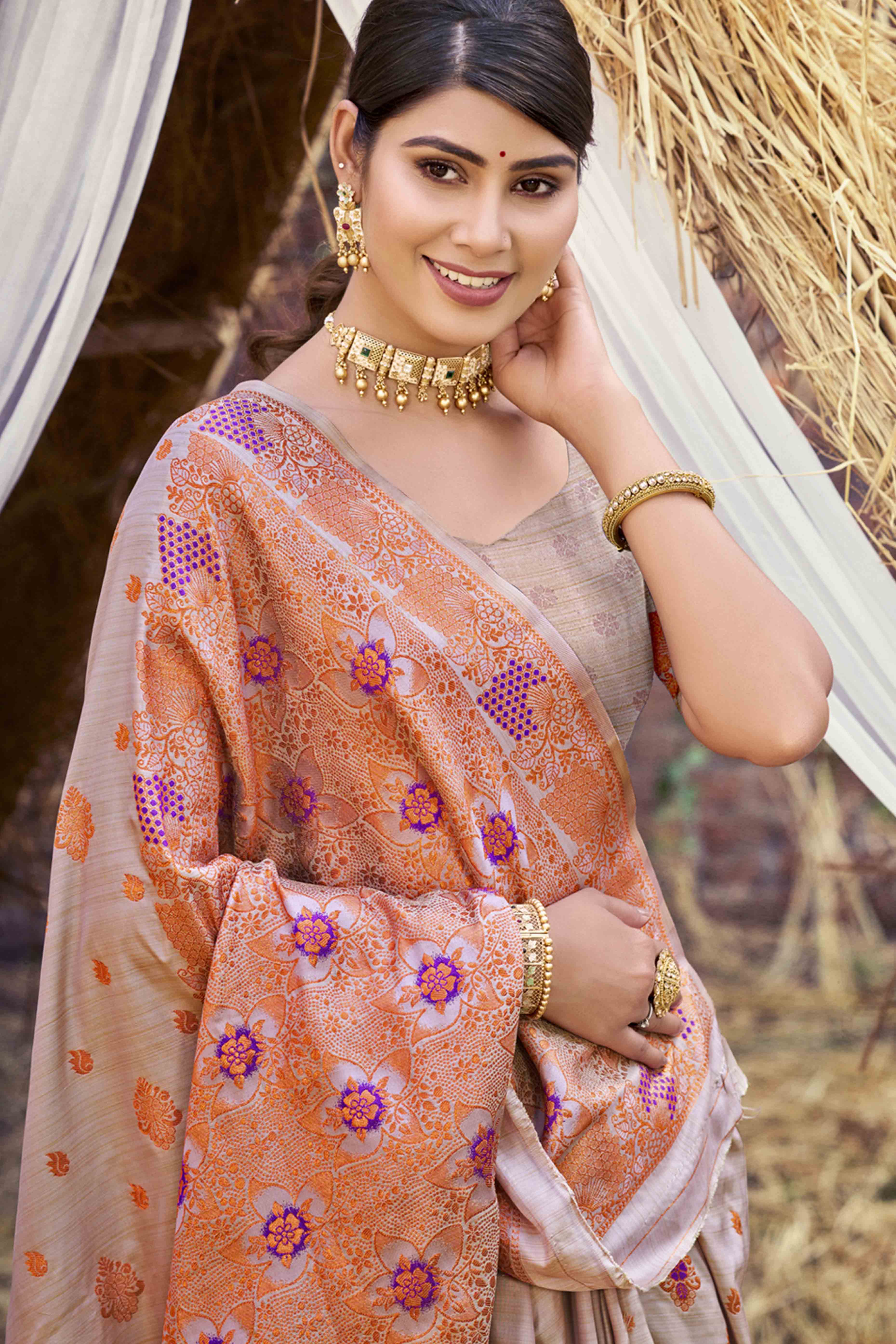 Dusty Grey Banarasi Silk Saree Adorned With Woven Zari Floral Motifs
