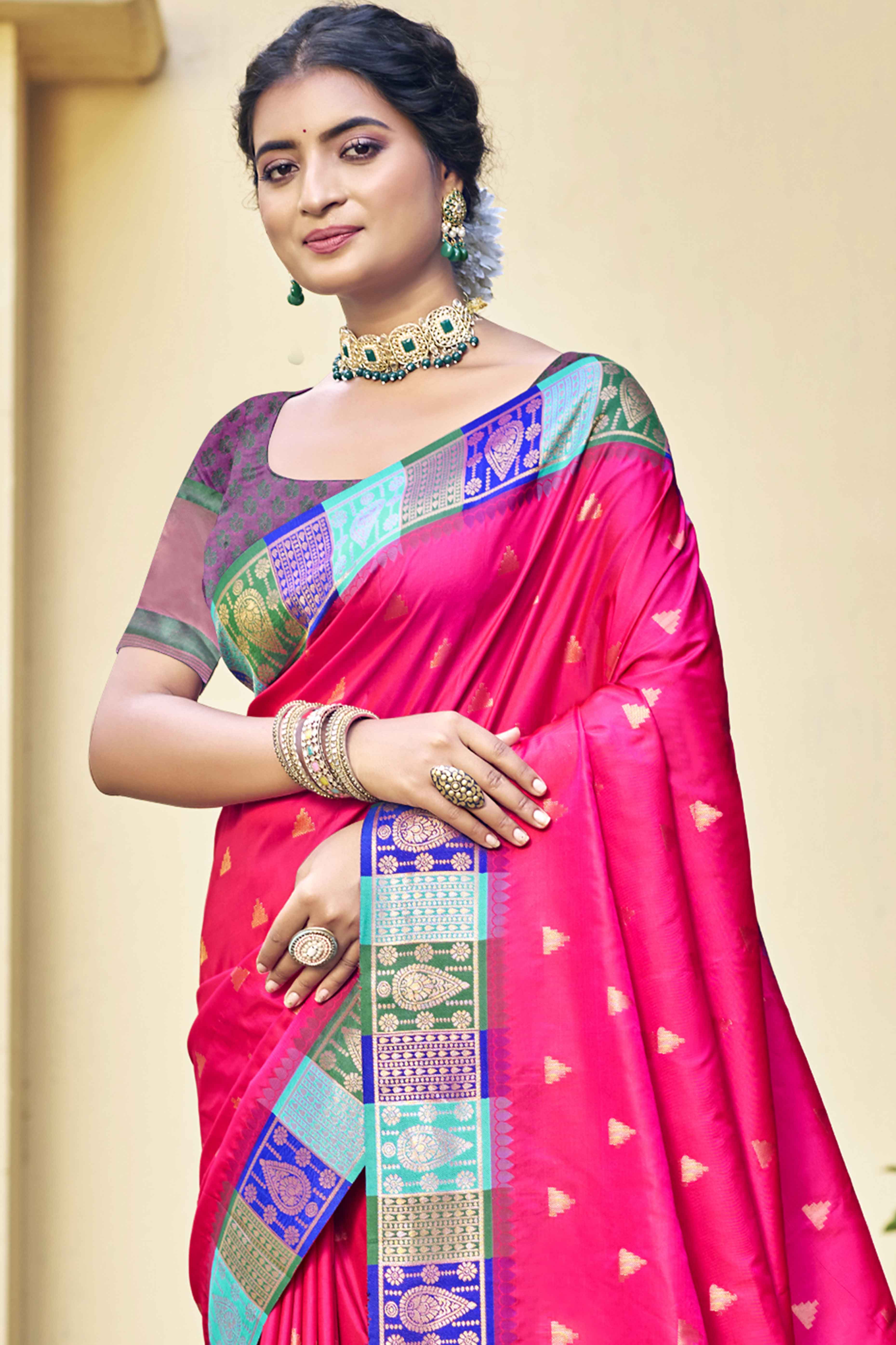 Rani Pink Woven Banarasi Silk Saree With Tassels