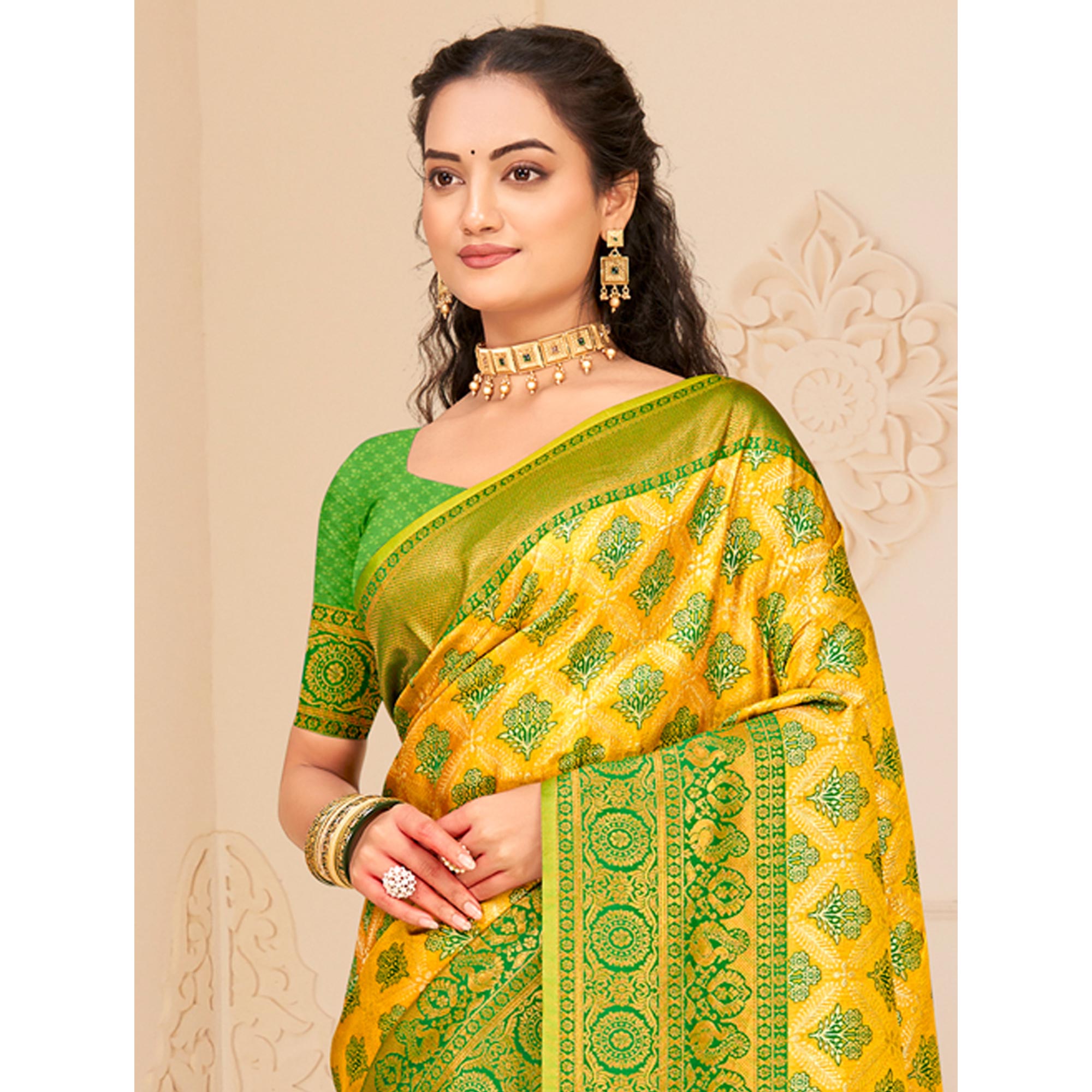 Yellow Floral Woven Kanjivaram Silk Saree With Tassels