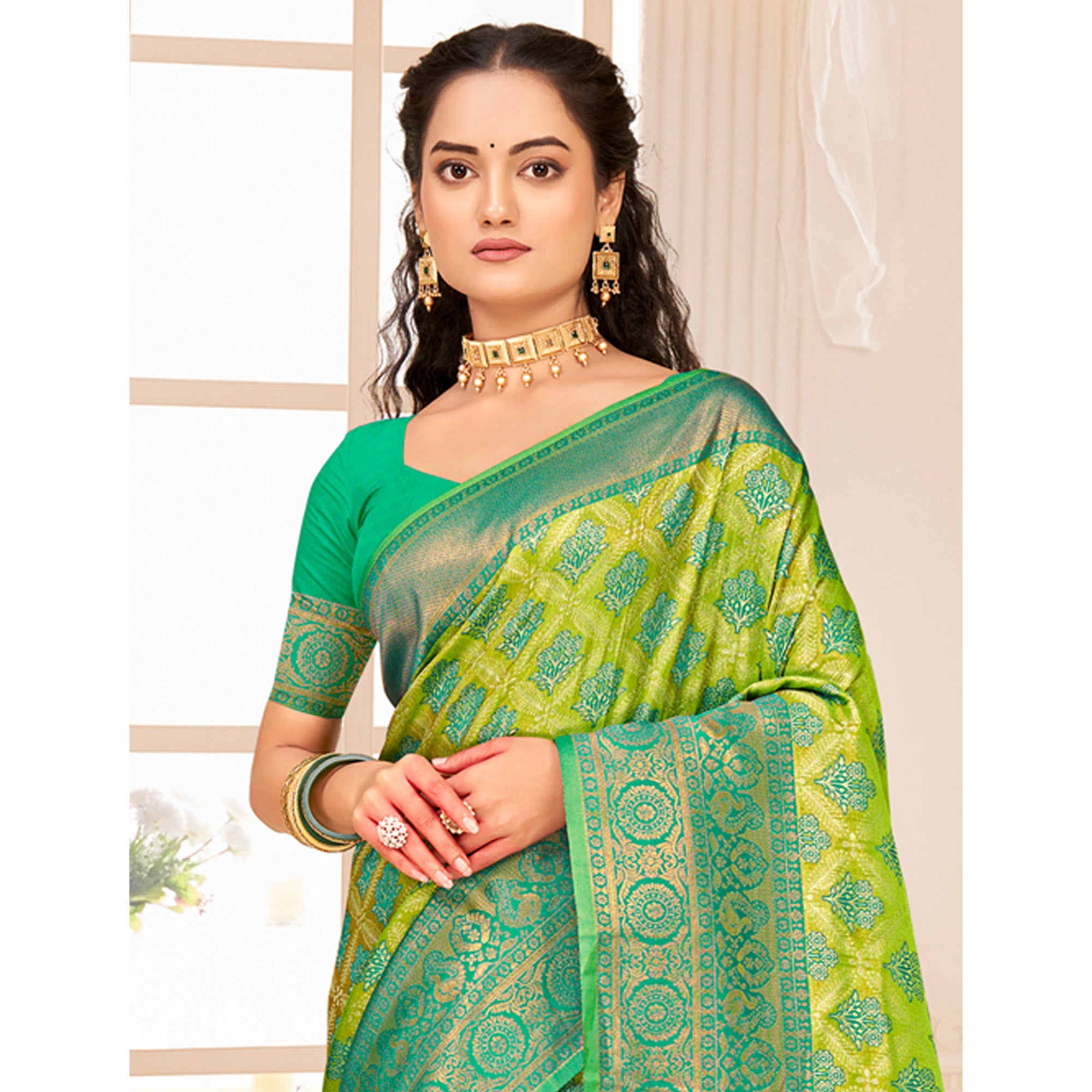 Green Floral Woven Kanjivaram Silk Saree With Tassels