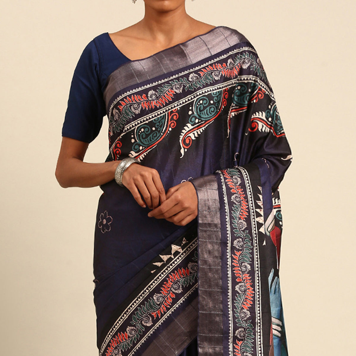 Navy Blue Digital Printed Cotton Blend Saree With Woven Border