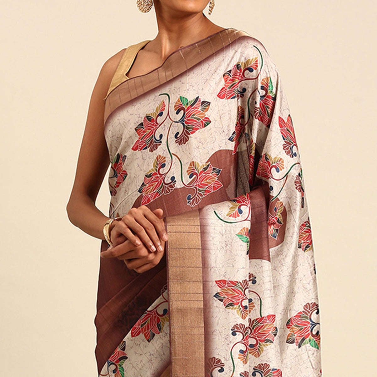 Cream & Brown Digital Printed Cotton Blend Saree With Woven Border