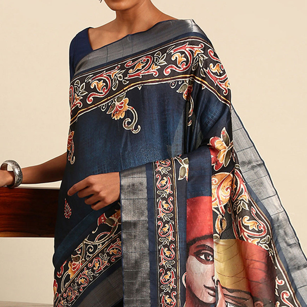 Blue Digital Printed Cotton Blend Saree With Woven Border