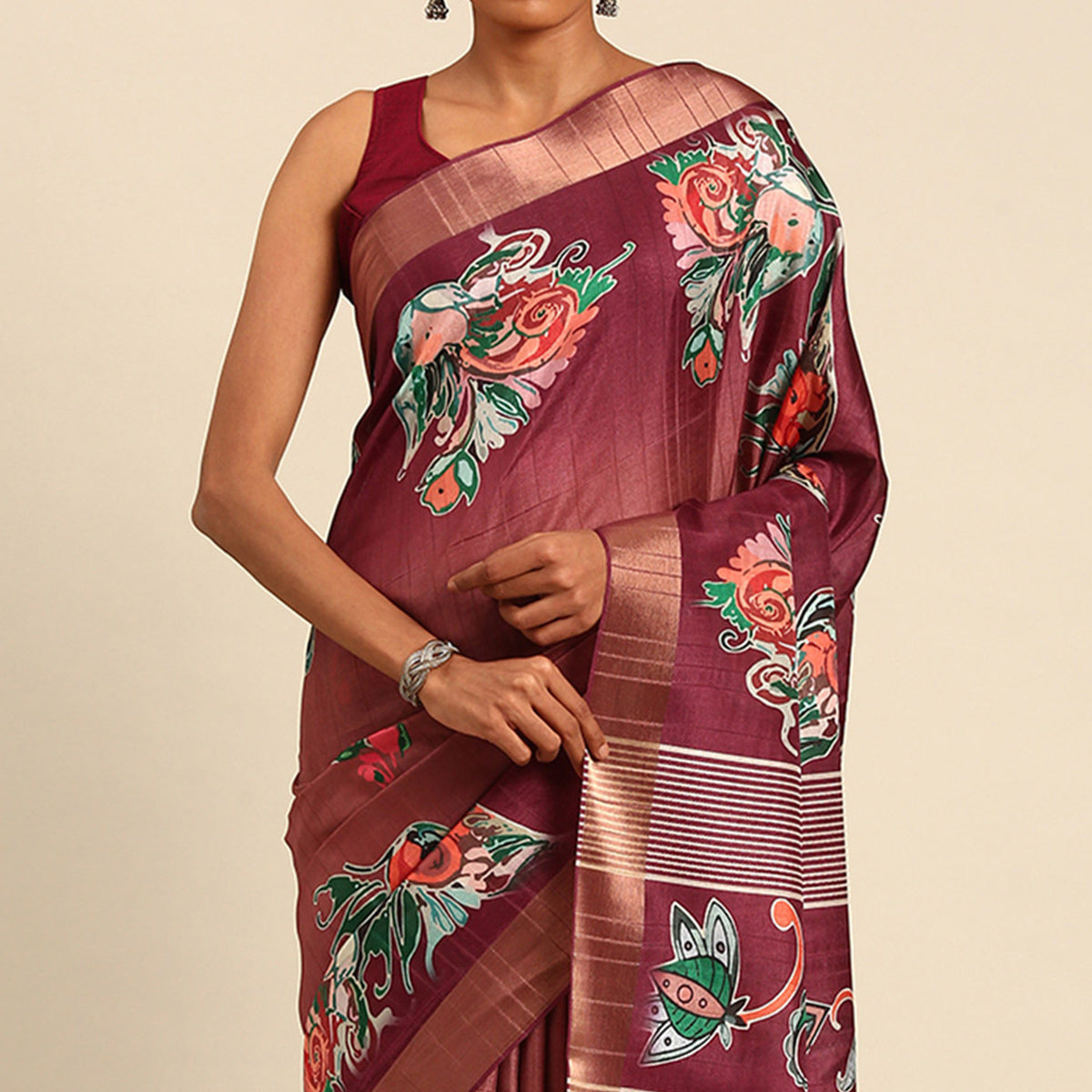 Maroon Digital Printed Cotton Blend Saree With Woven Border