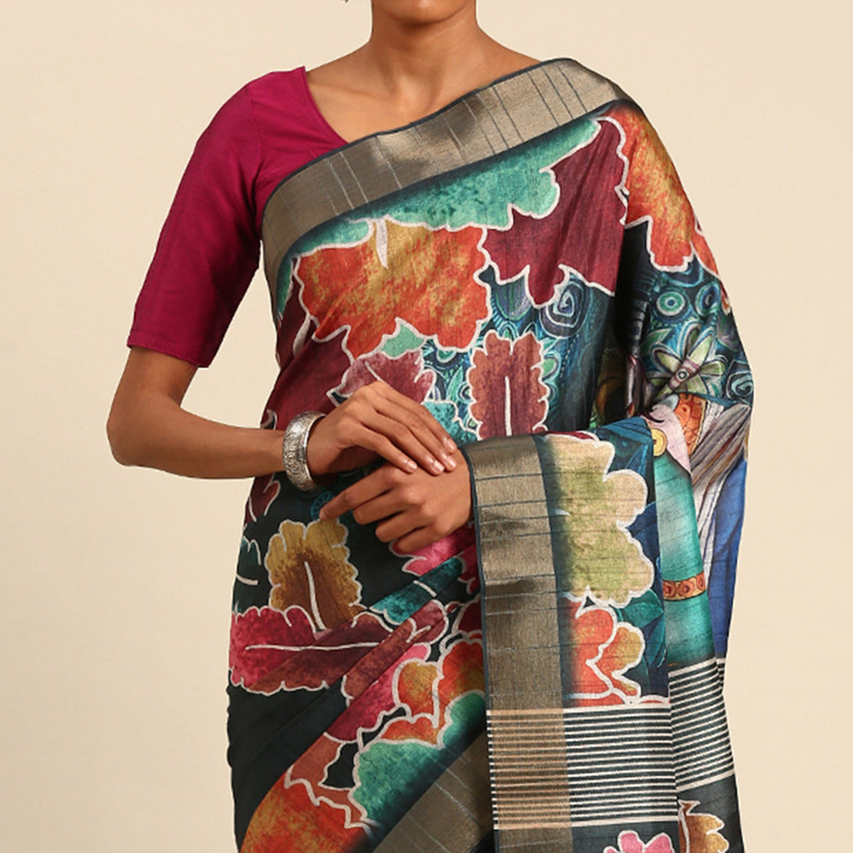 Teal Digital Printed Cotton Blend Saree With Woven Border