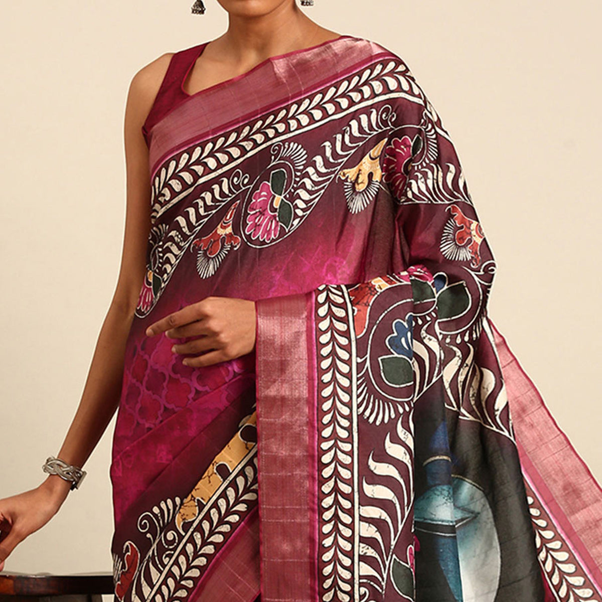 Pink Digital Printed Cotton Blend Saree With Woven Border