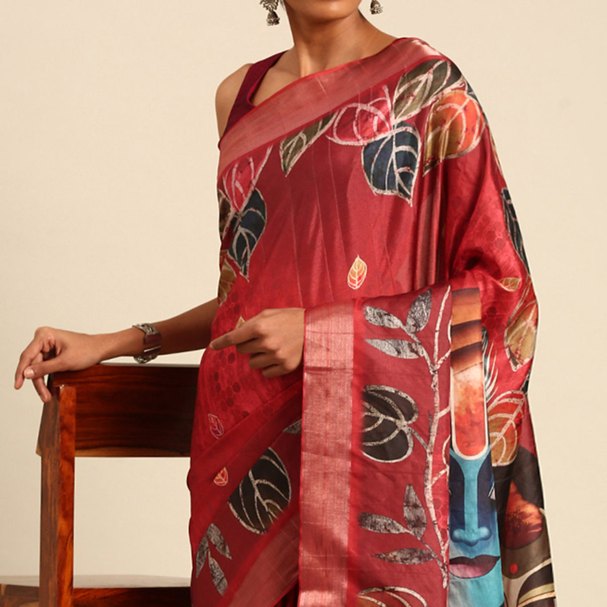 Red Digital Printed Cotton Blend Saree With Woven Border