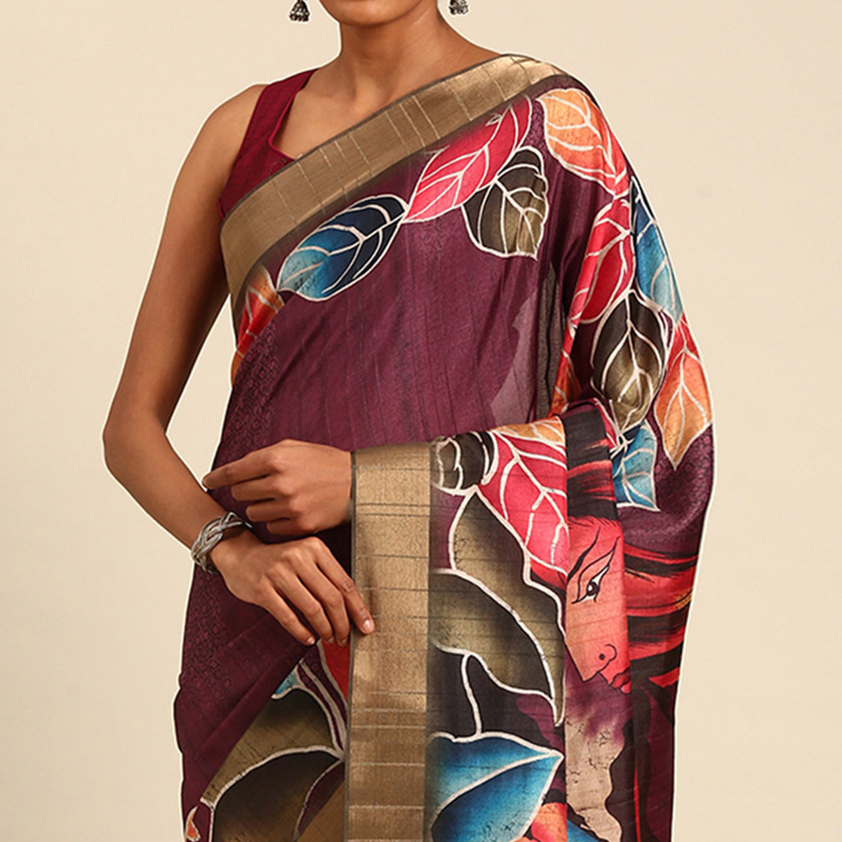 Wine Digital Printed Cotton Blend Saree With Woven Border