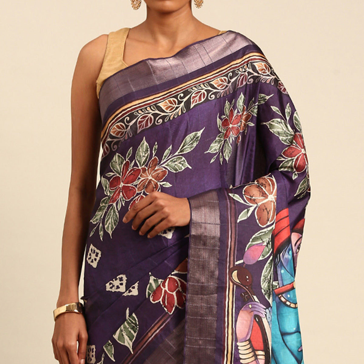 Purple Digital Printed Cotton Blend Saree With Woven Border