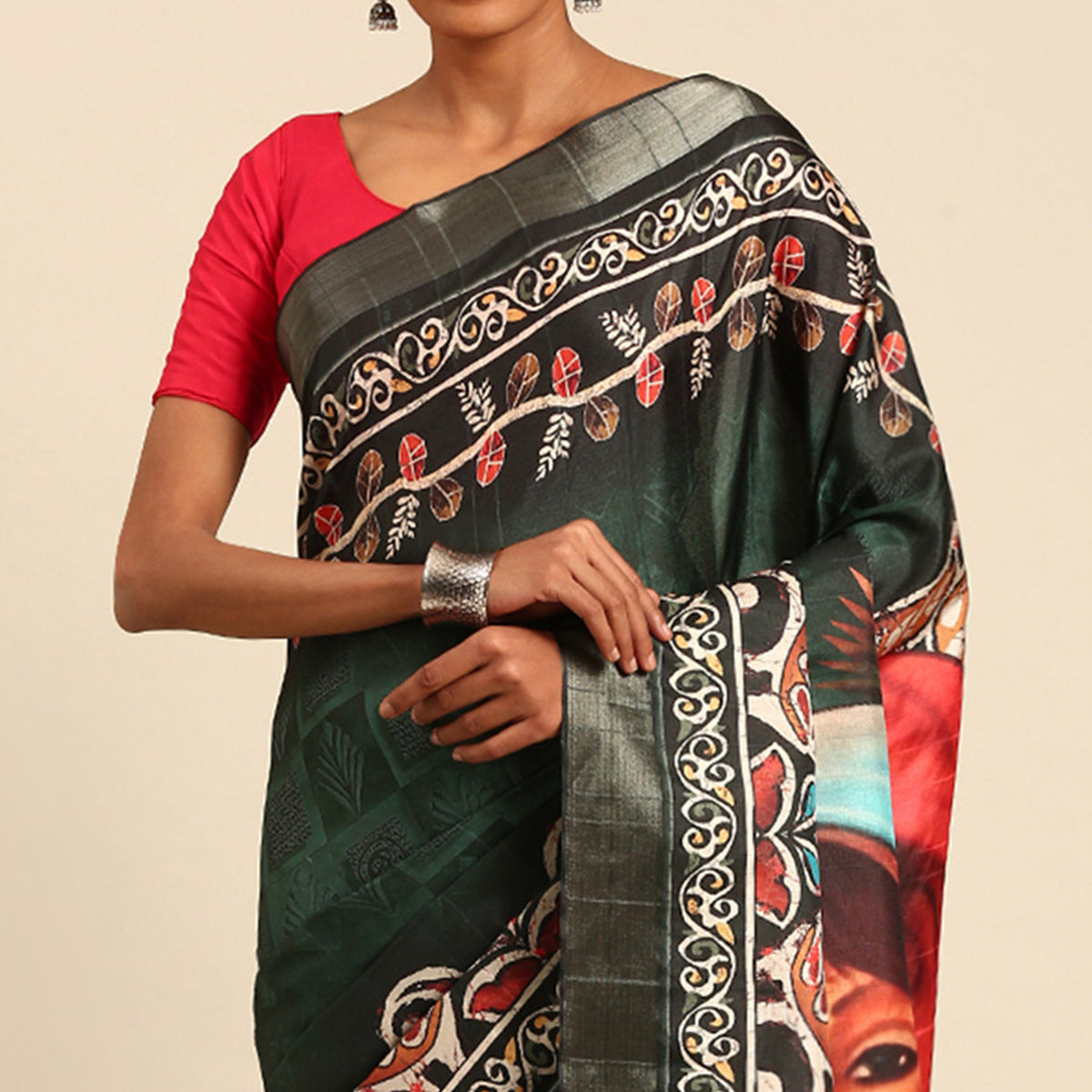 Green Digital Printed Cotton Blend Saree With Woven Border