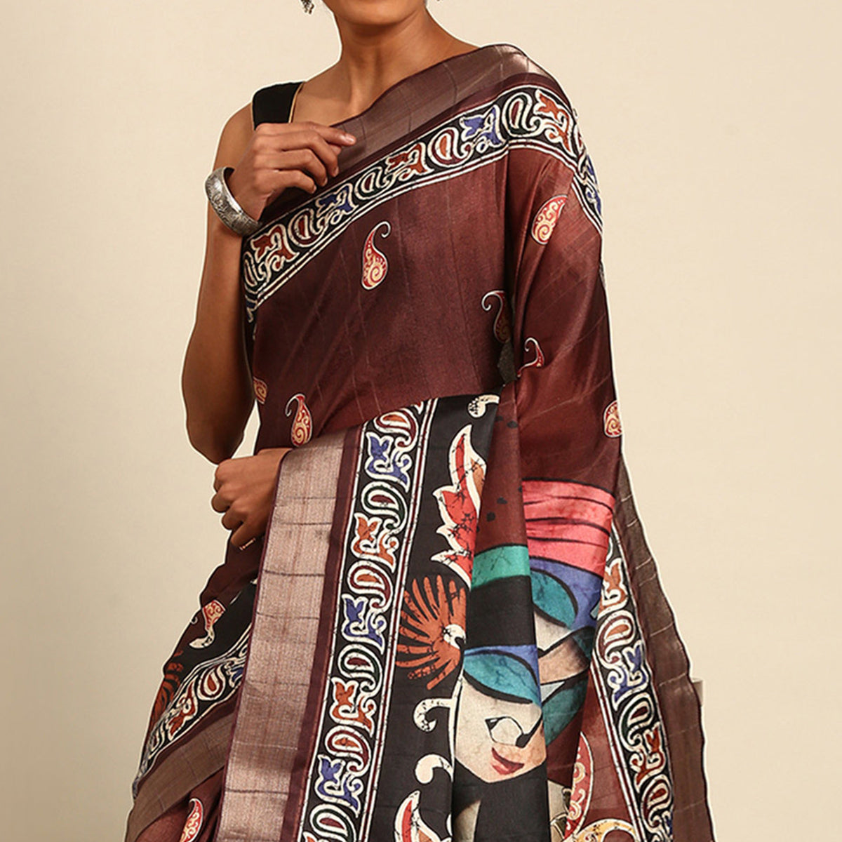 Dark Brown Digital Printed Cotton Blend Saree With Woven Border