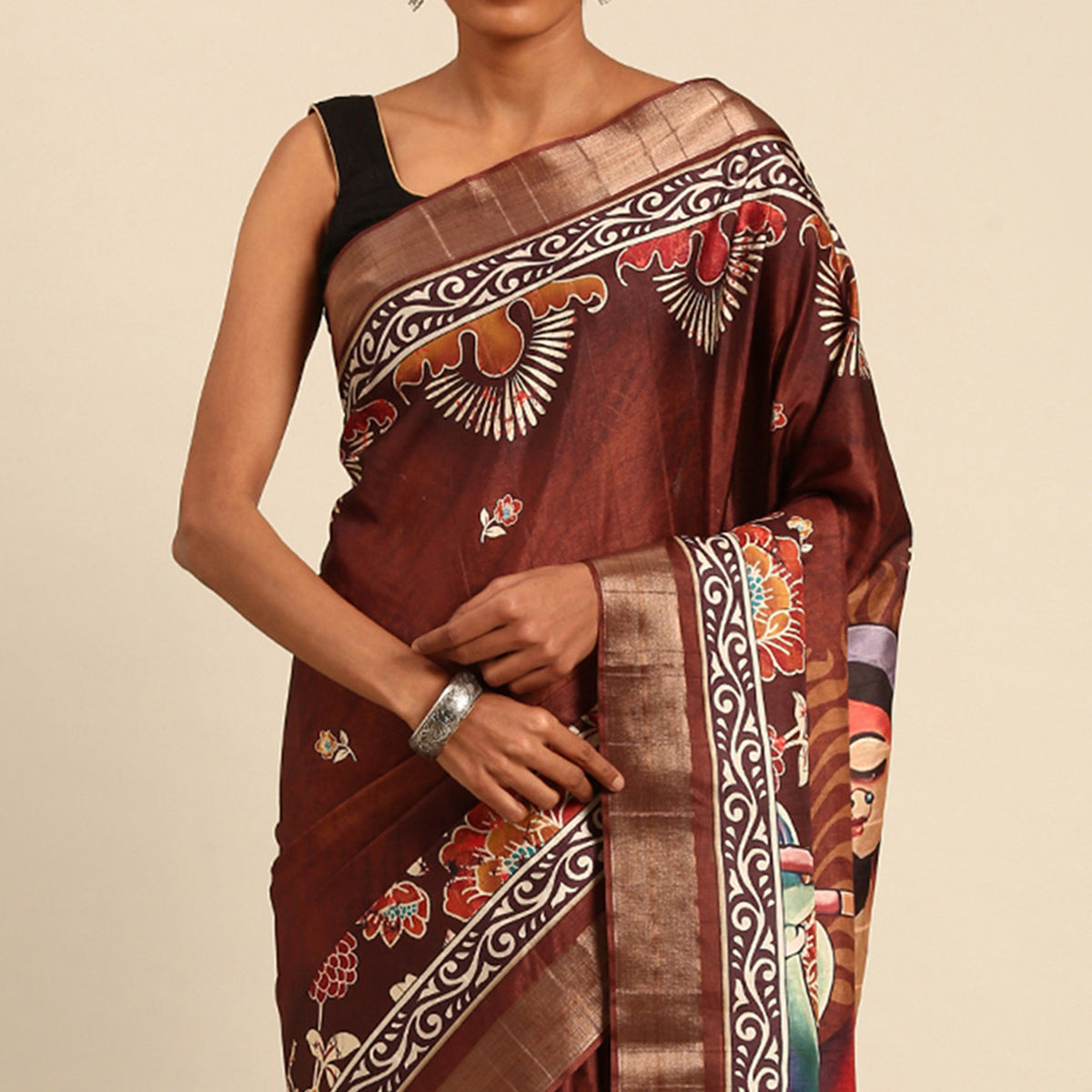 Brown Digital Printed Cotton Blend Saree With Woven Border