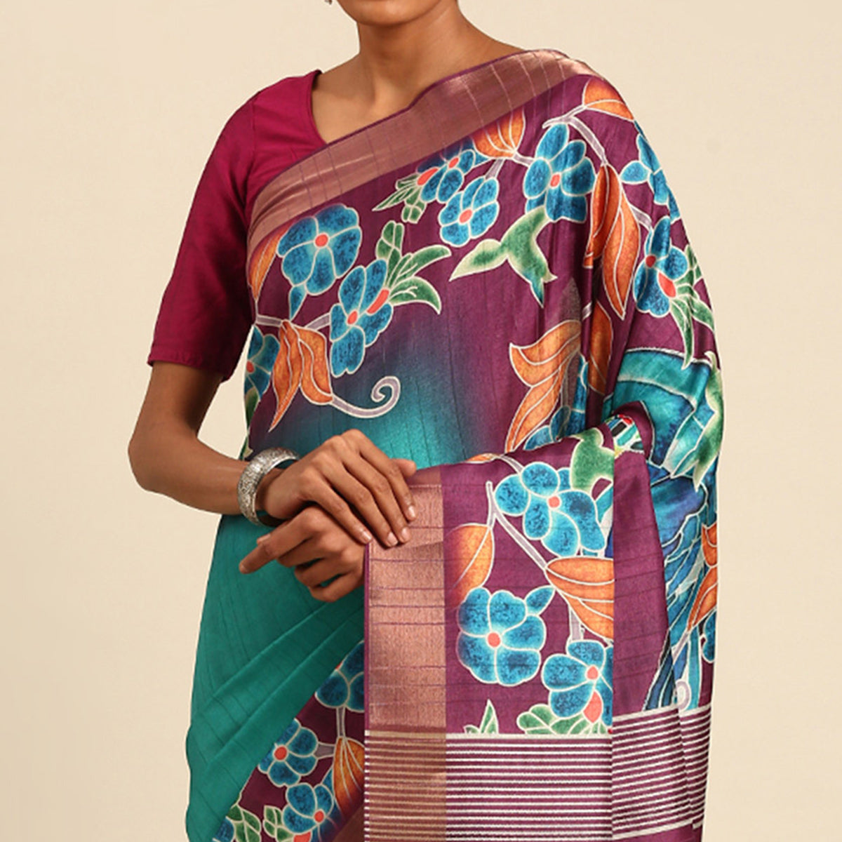 Turquoise Digital Printed Cotton Blend Saree With Woven Border