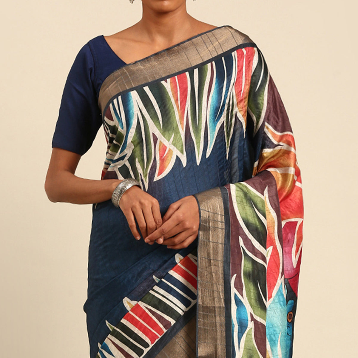 Blue Digital Printed Cotton Blend Saree With Woven Border