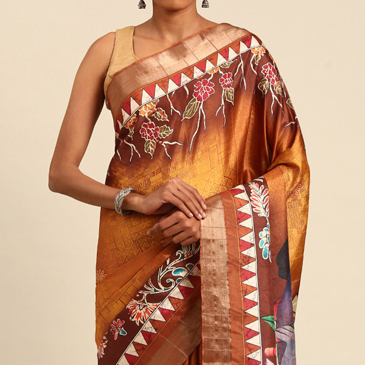 Orange Digital Printed Cotton Blend Saree With Woven Border