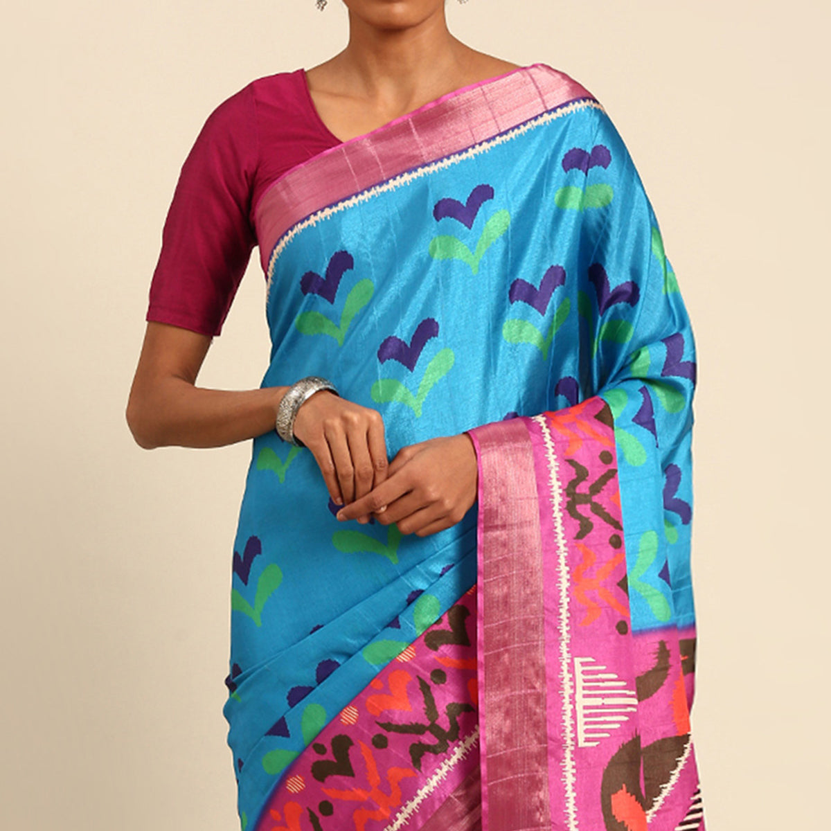 Blue Digital Printed Cotton Blend Saree With Woven Border
