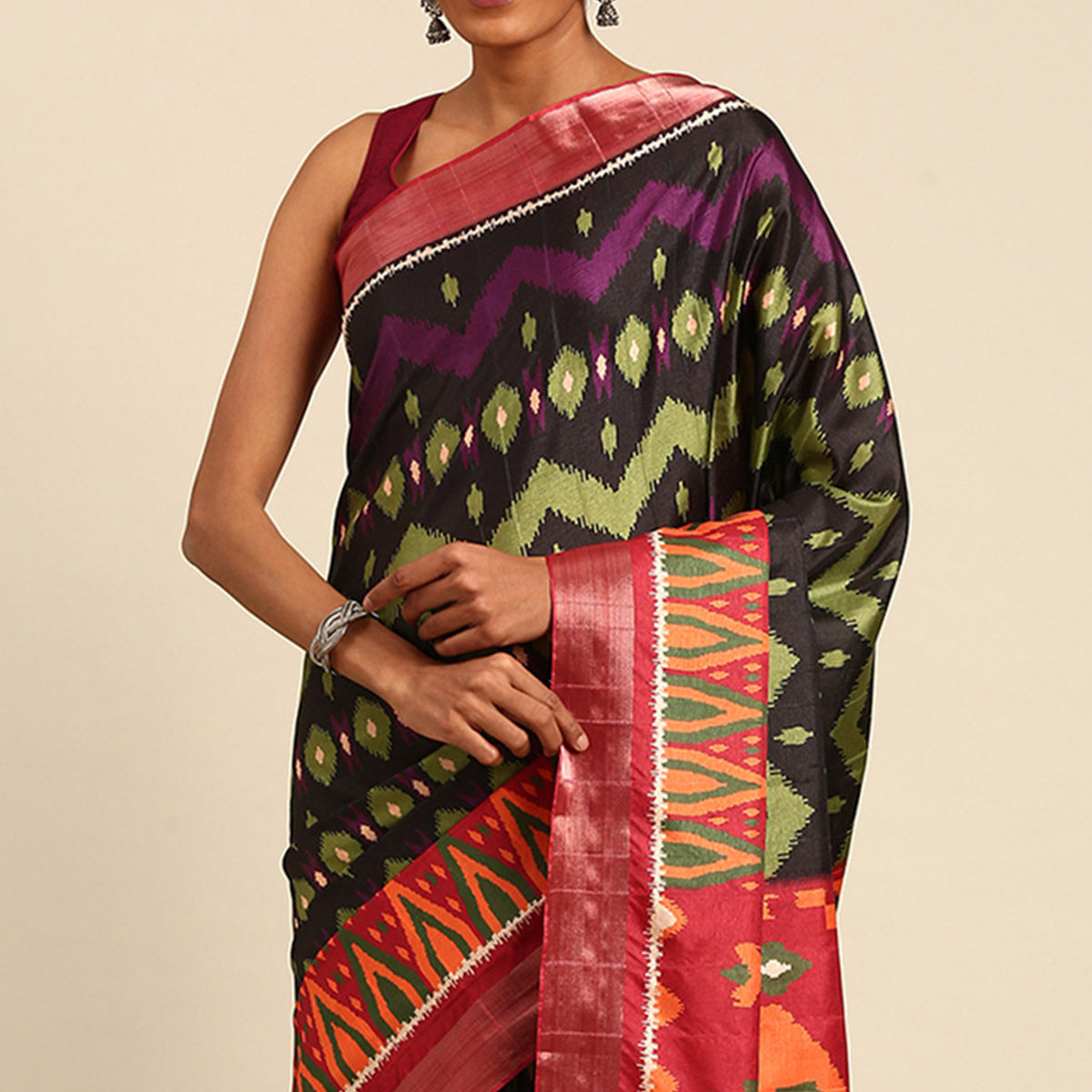 Black Digital Printed Cotton Blend Saree With Woven Border