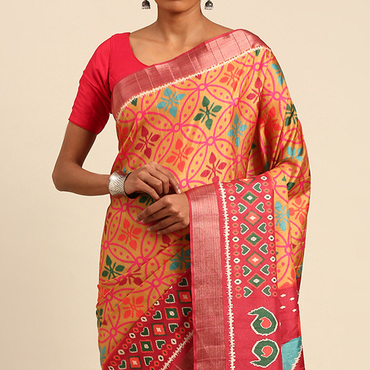 Orange Digital Printed Cotton Blend Saree With Woven Border